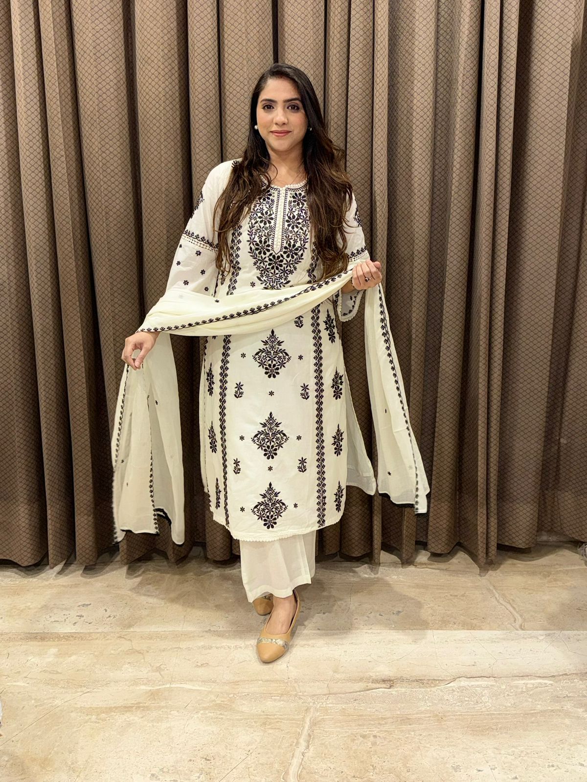 Designer White Cotton straight suit set with lucknavi embroidery