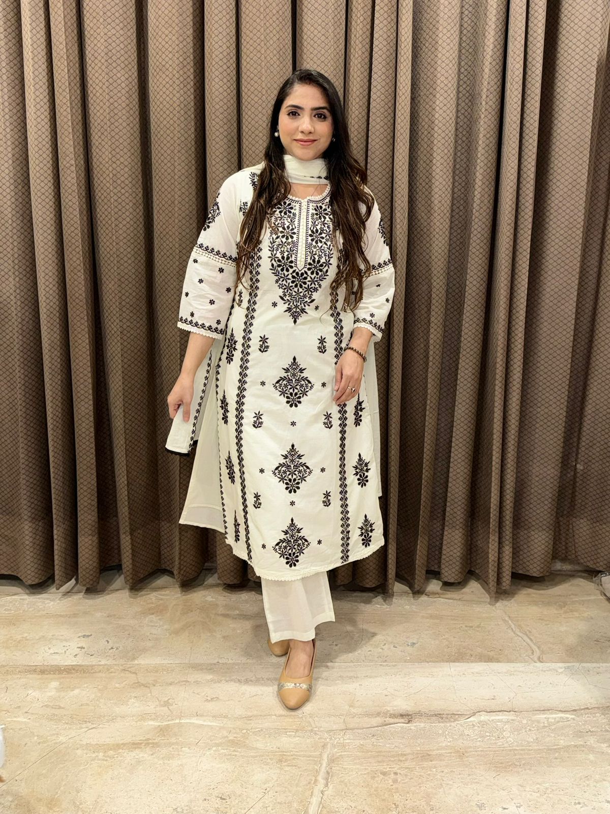 Designer White Cotton straight suit set with lucknavi embroidery
