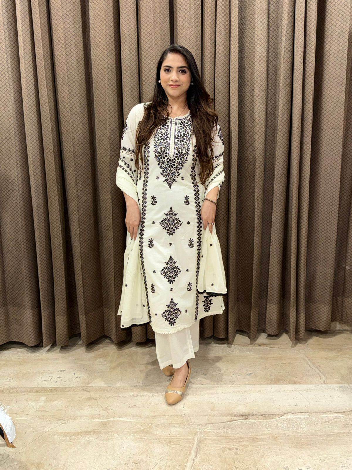 Designer White Cotton straight suit set with lucknavi embroidery