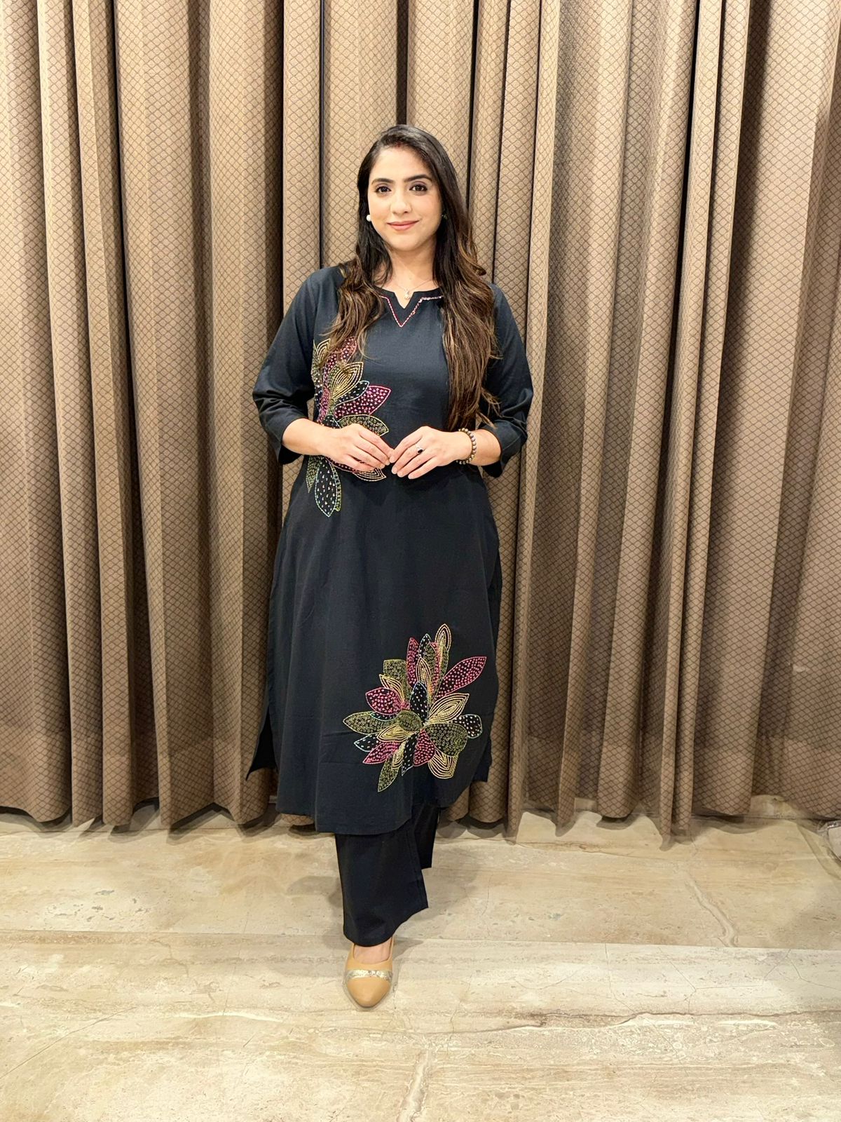 Designer Black Co-ord set with flower detailing