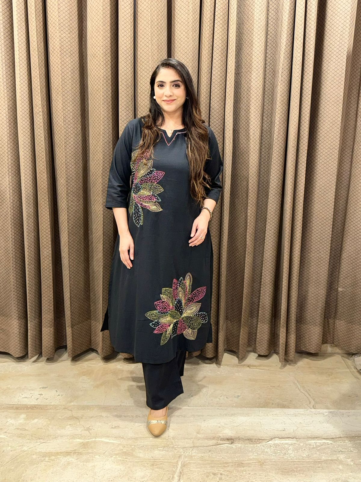 Designer Black Co-ord set with flower detailing