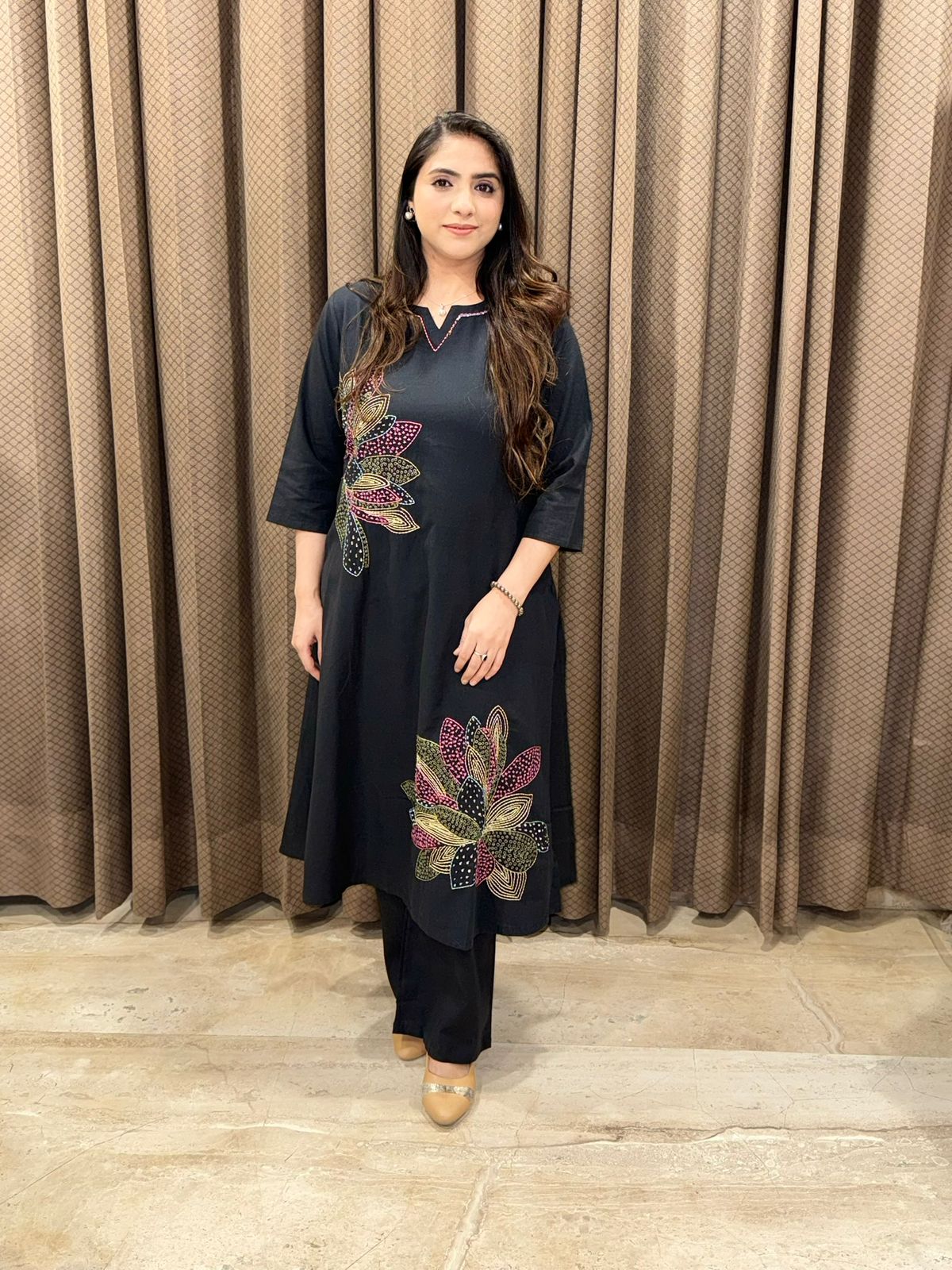 Designer Black Co-ord set with flower detailing