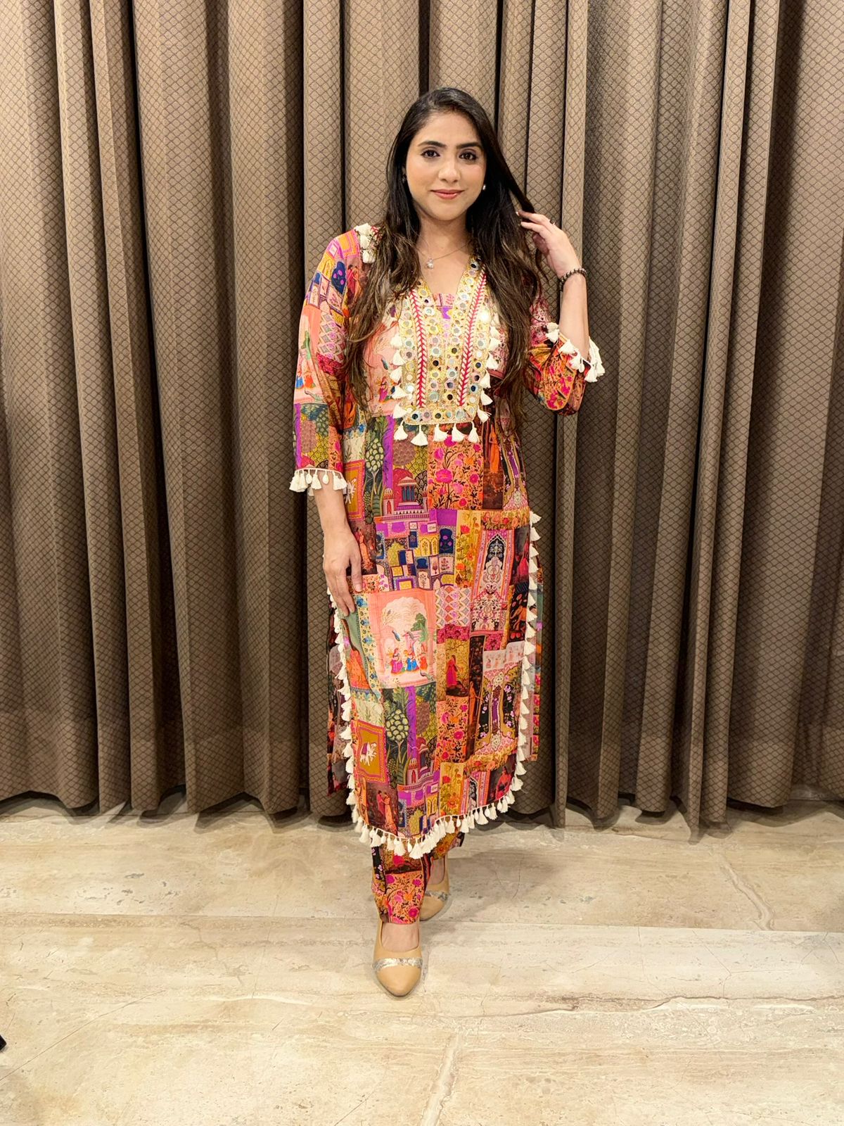 Designer Rust Long Co-ord set with handwork & tassel detailing
