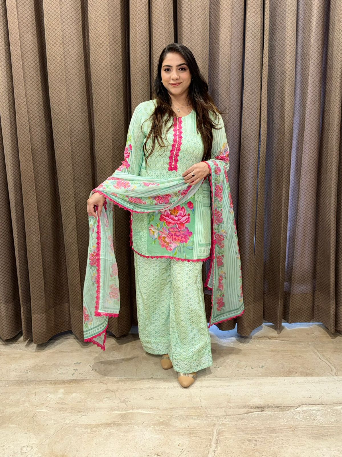 Designera Green Floral Crepe Set with dupatta & laces enhanced