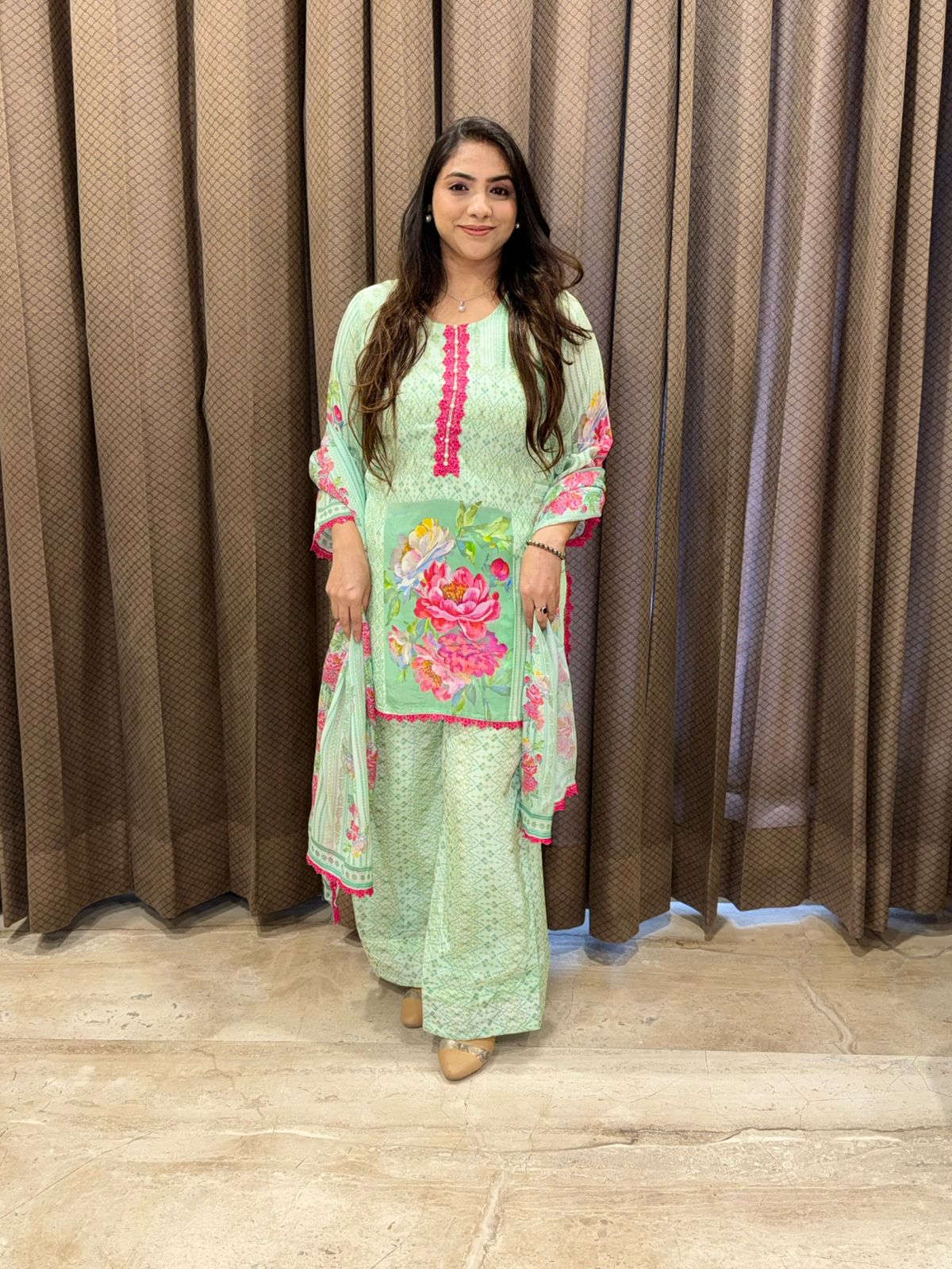 Designera Green Floral Crepe Set with dupatta & laces enhanced