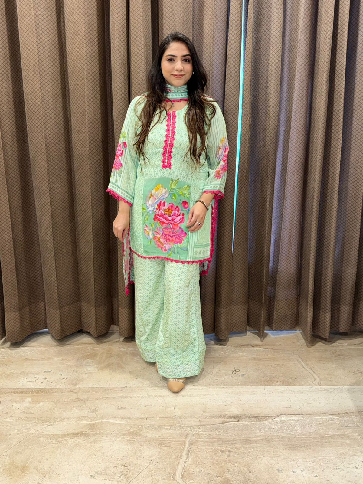 Designera Green Floral Crepe Set with dupatta & laces enhanced