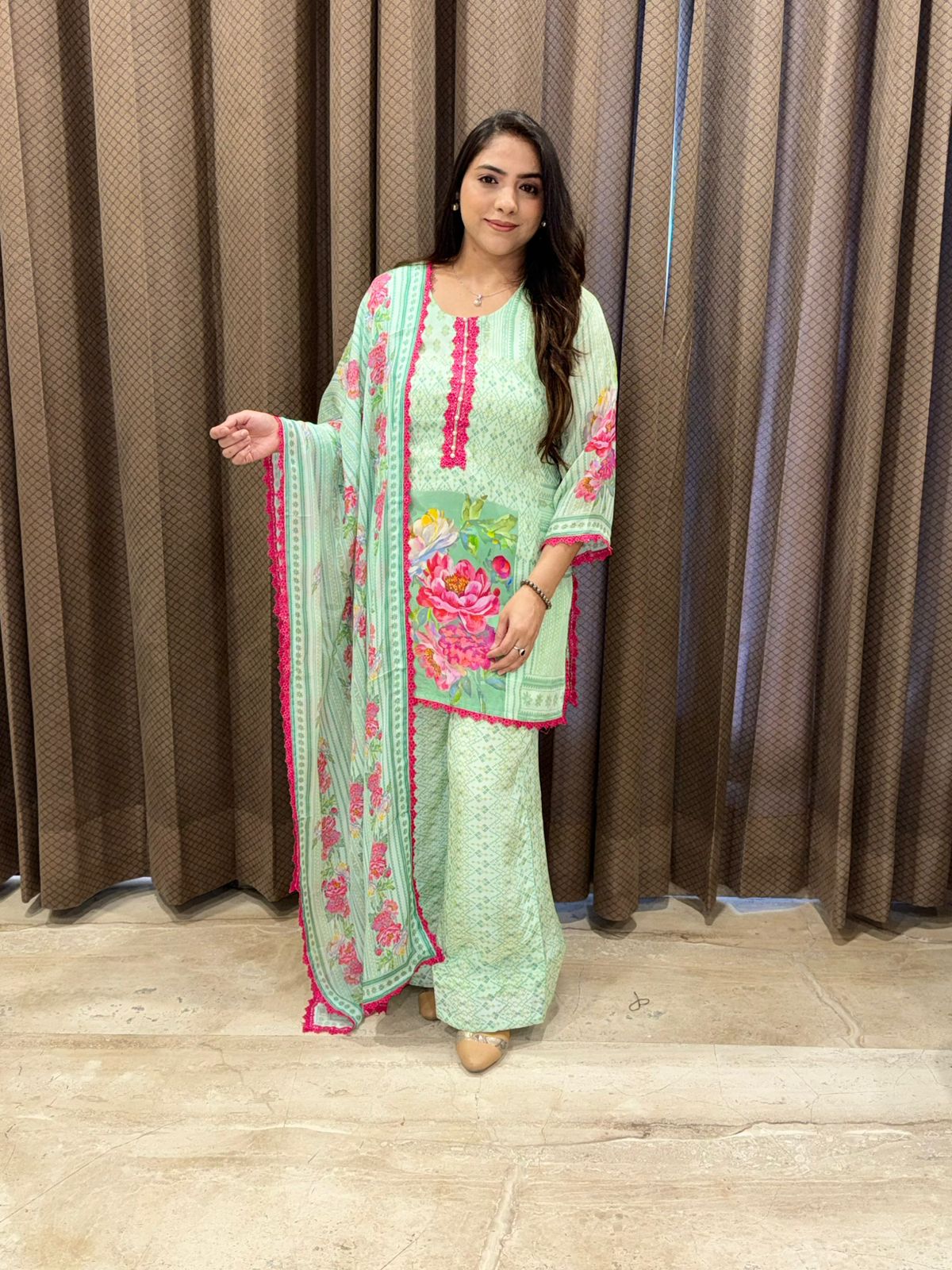 Designera Green Floral Crepe Set with dupatta & laces enhanced