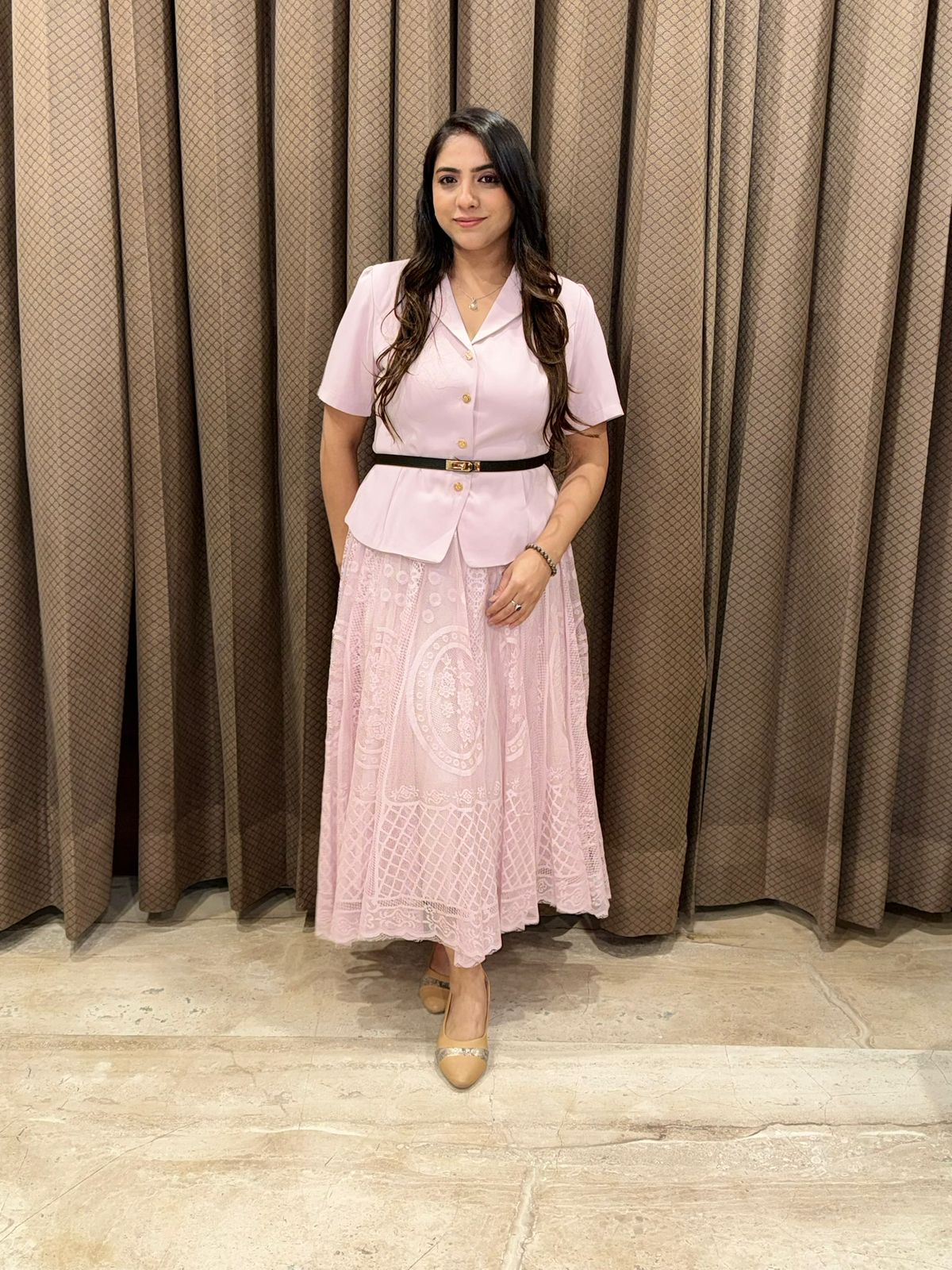 Designer Pink skirt set with belt