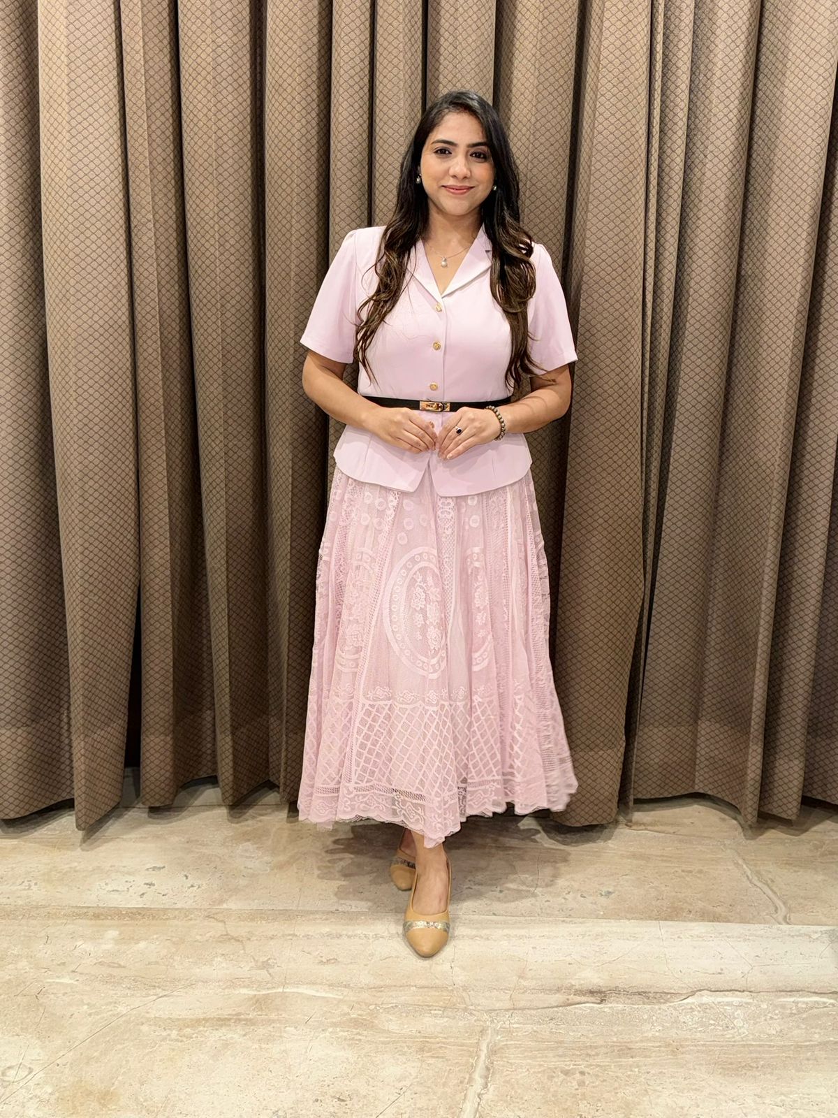 Designer Pink skirt set with belt