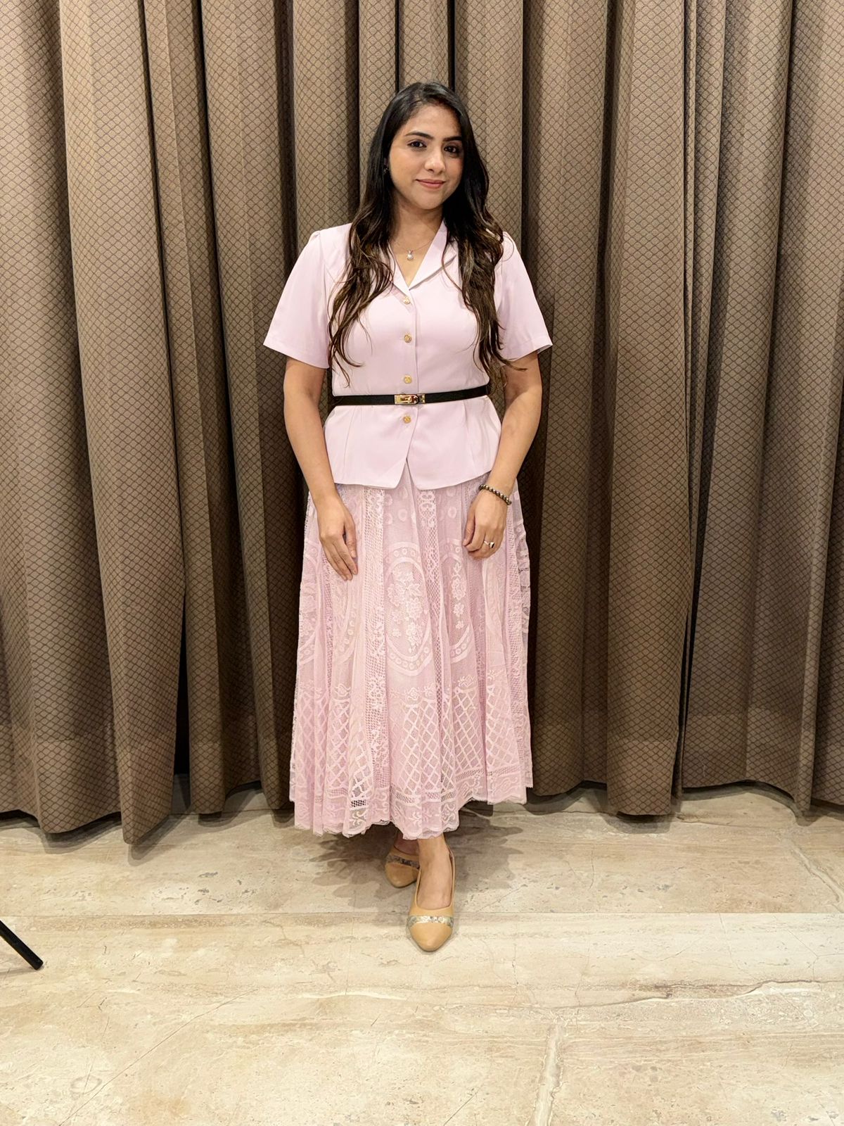 Designer Pink skirt set with belt