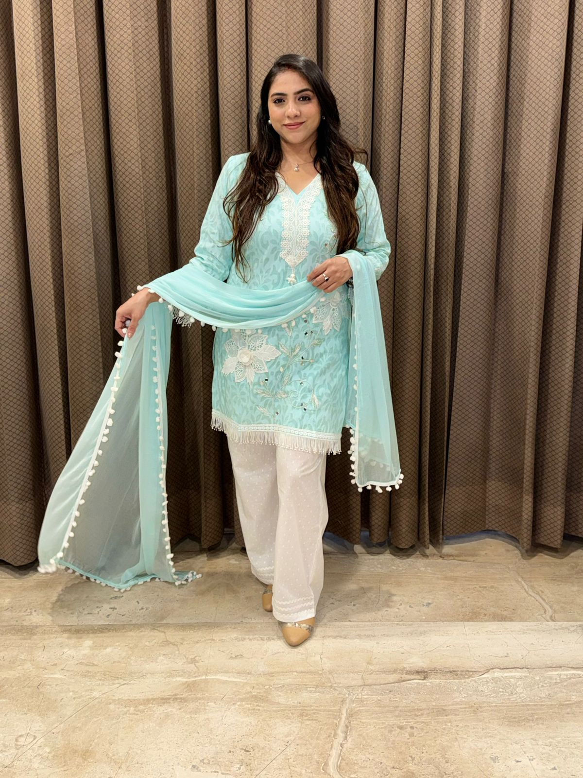 Designera Blue Applique flower suit set with dupatta & laces