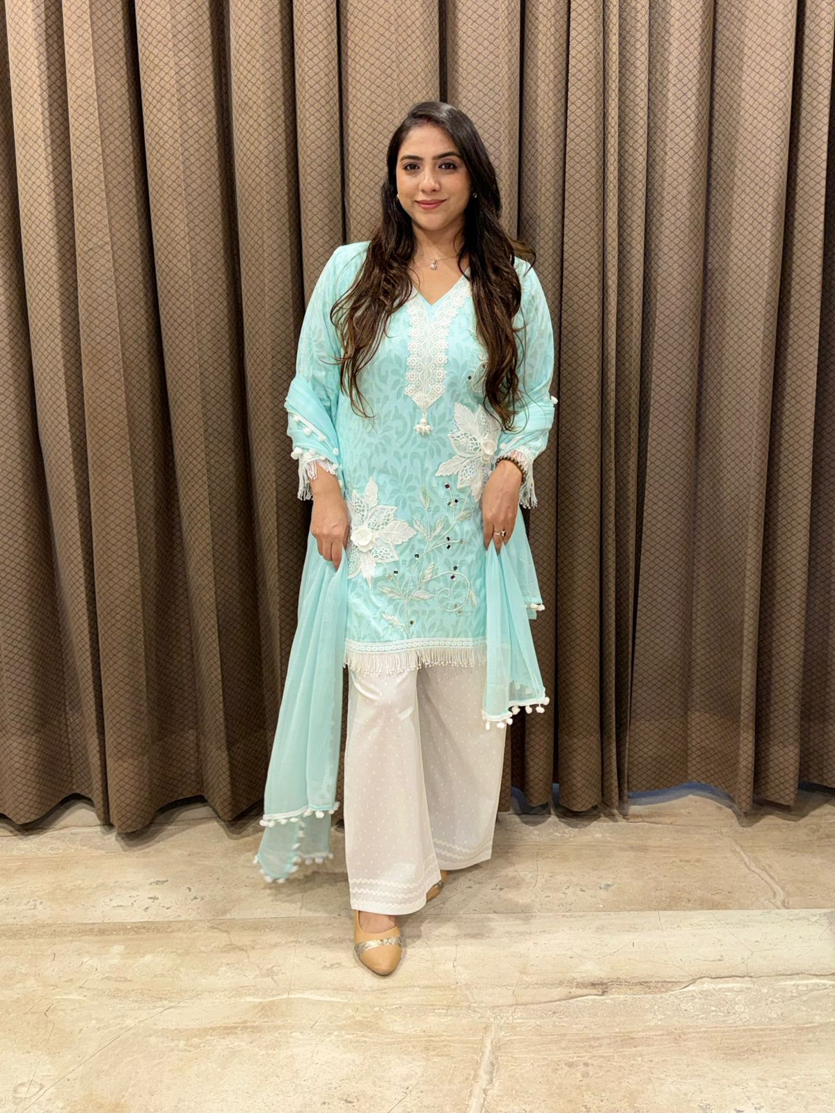 Designera Blue Applique flower suit set with dupatta & laces