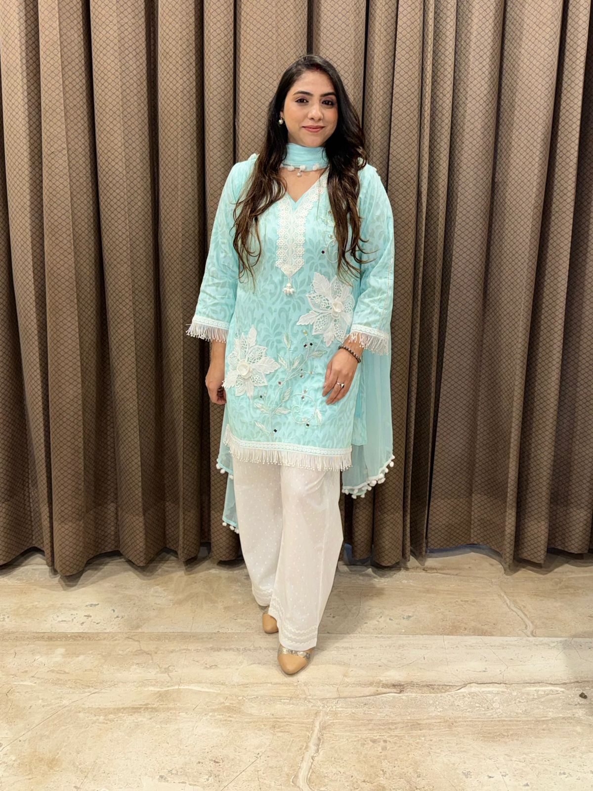 Designera Blue Applique flower suit set with dupatta & laces