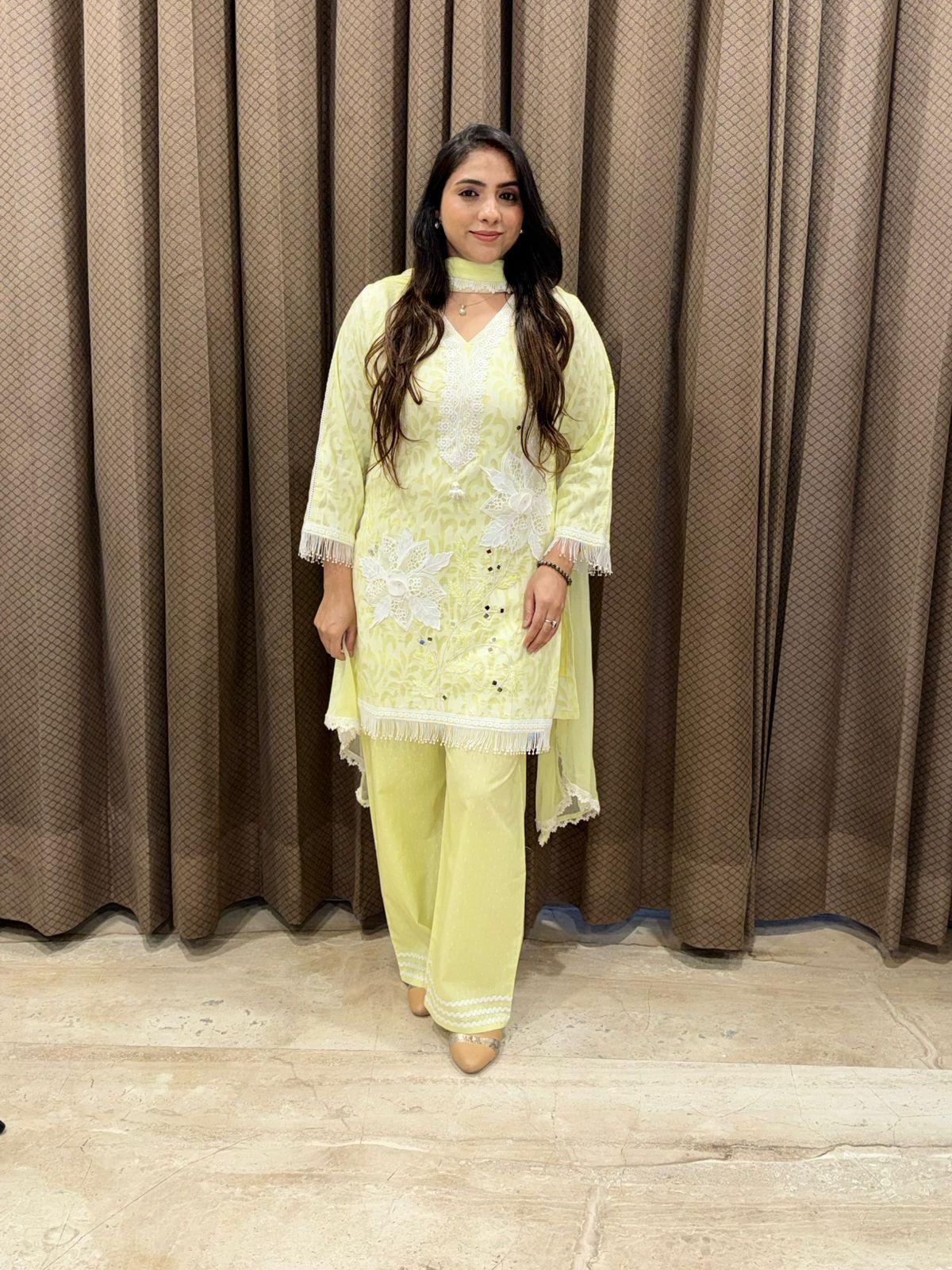 Designera yellow Applique flower suit set with dupatta & laces
