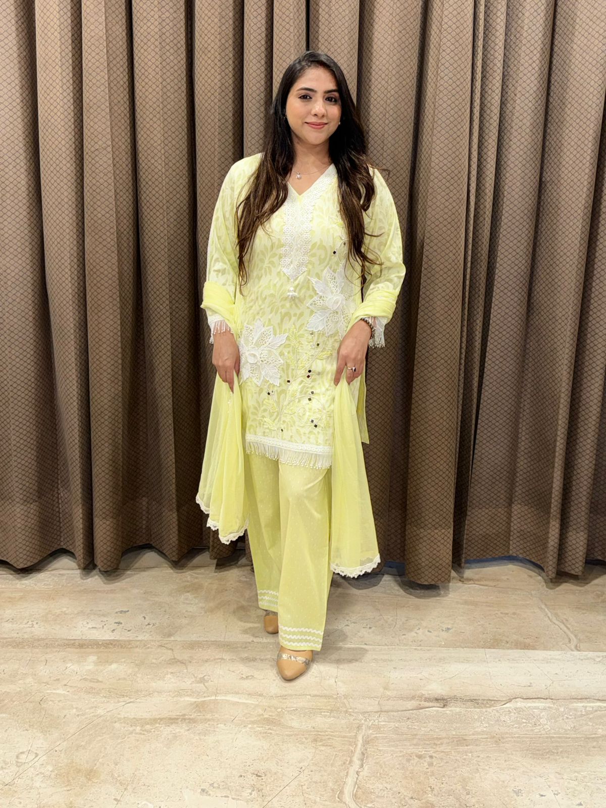 Designera yellow Applique flower suit set with dupatta & laces