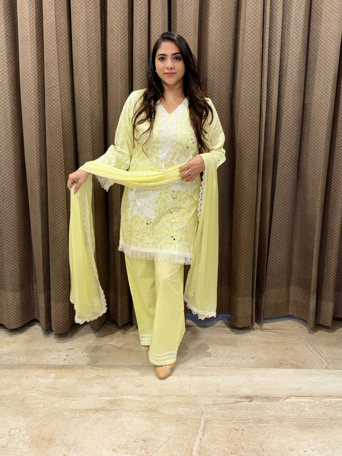 Designera yellow Applique flower suit set with dupatta & laces