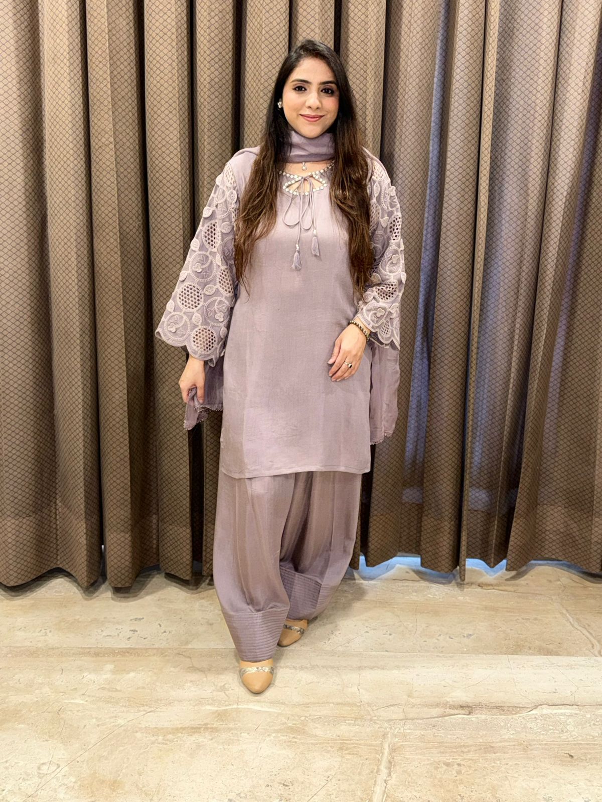 Designer Mauve Farshi set with stylish sleeves & handwork