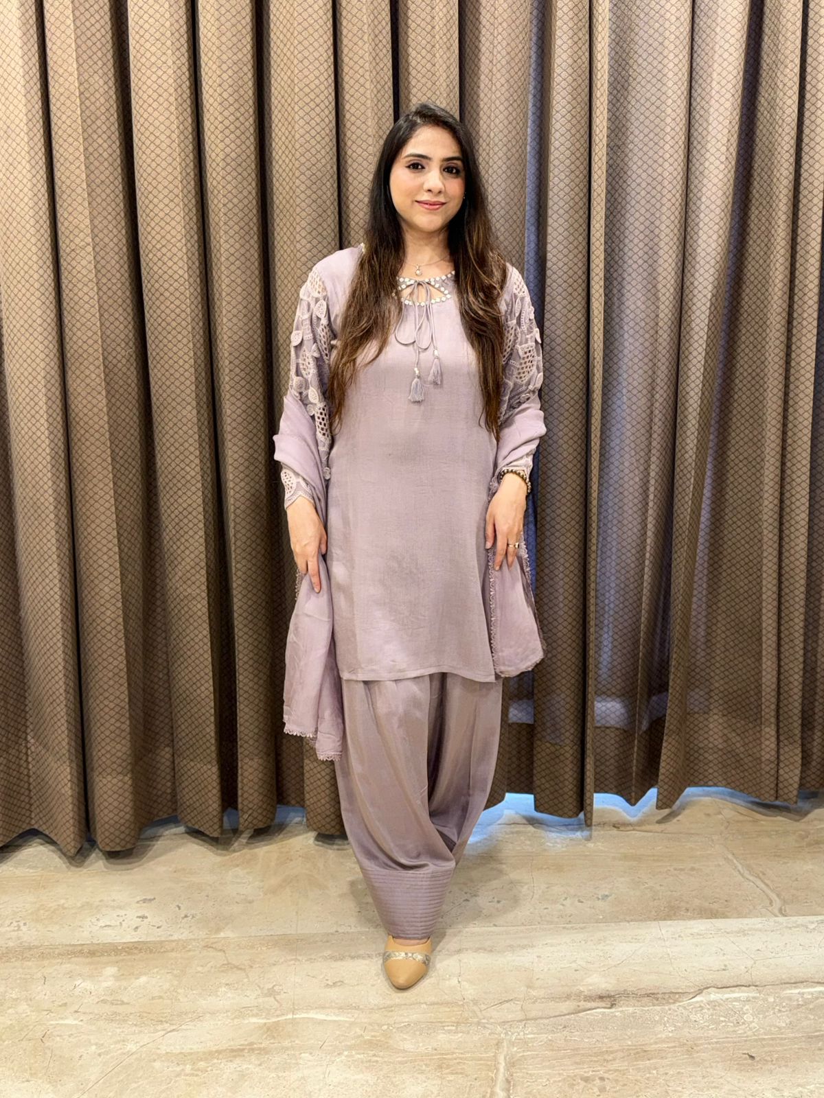 Designer Mauve Farshi set with stylish sleeves & handwork
