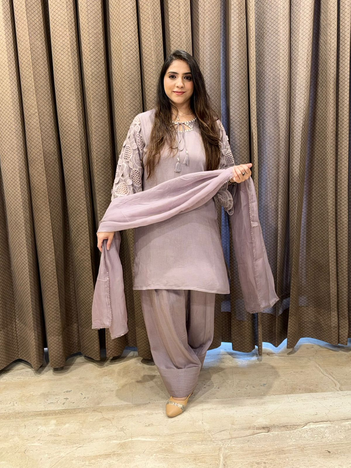 Designer Mauve Farshi set with stylish sleeves & handwork