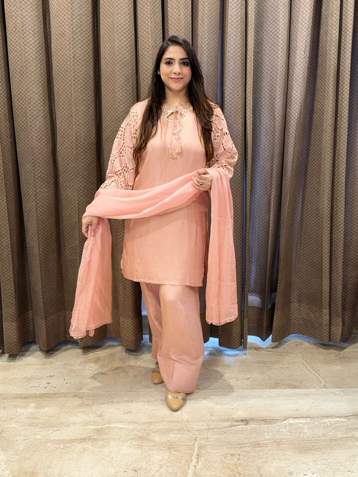 Designer Peach Farshi set with stylish sleeves & handwork