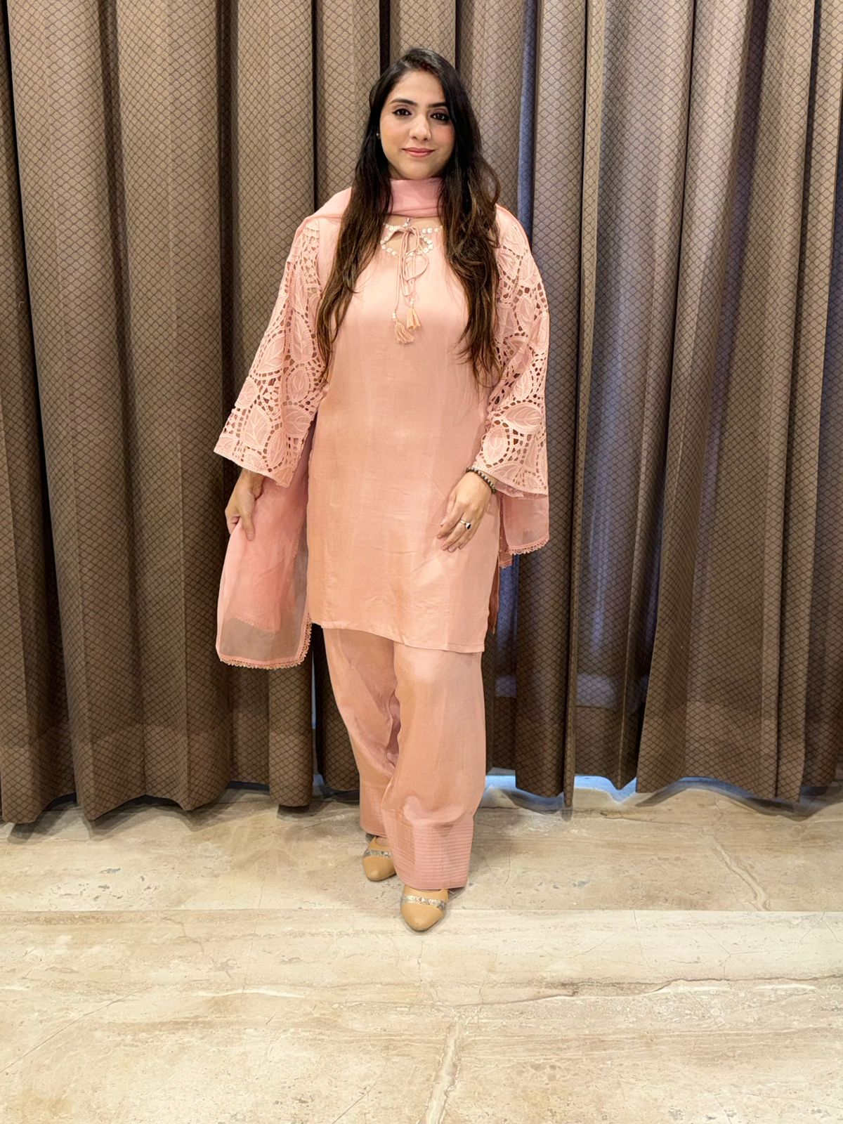 Designer Peach Farshi set with stylish sleeves & handwork