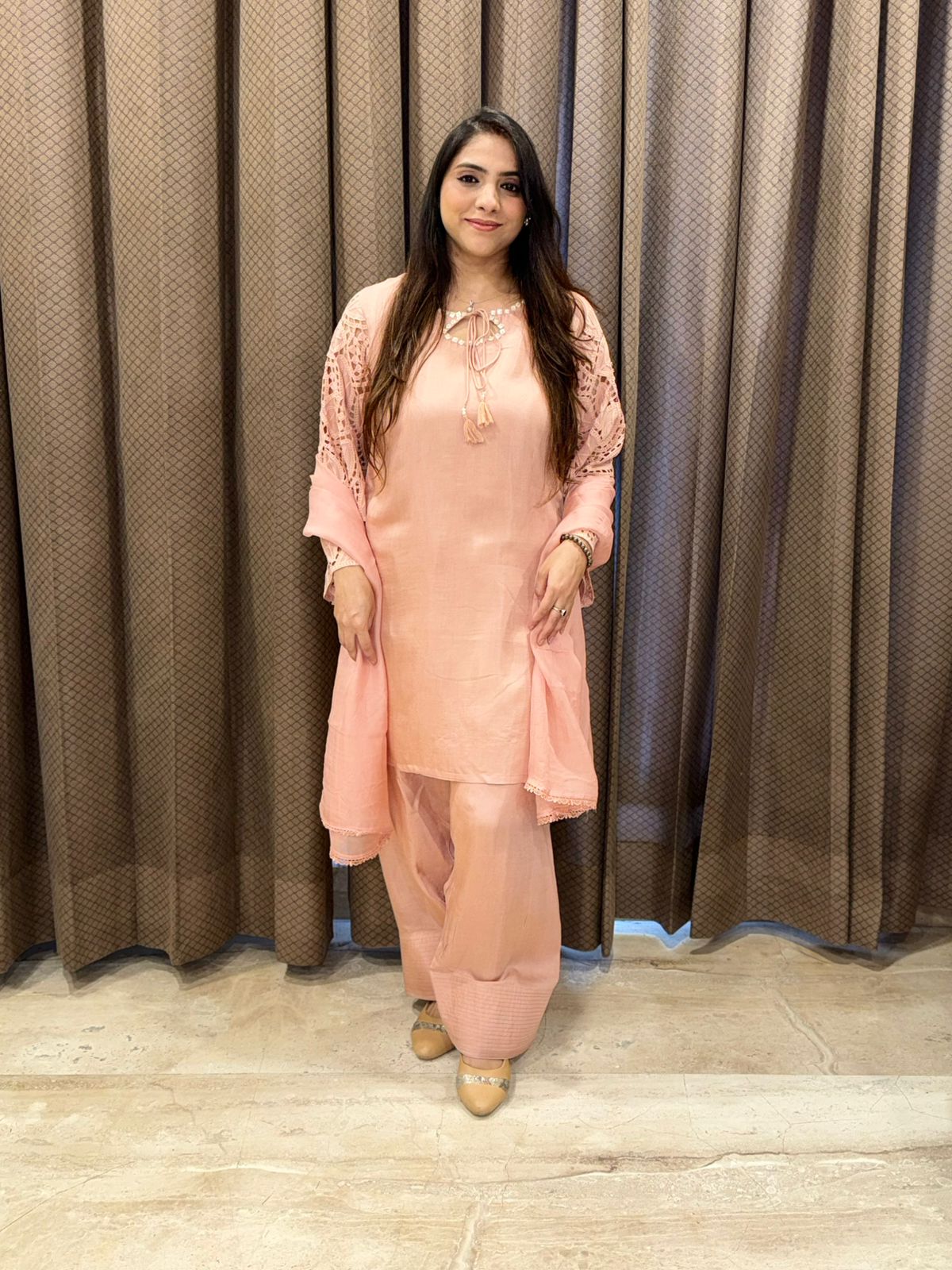 Designer Peach Farshi set with stylish sleeves & handwork