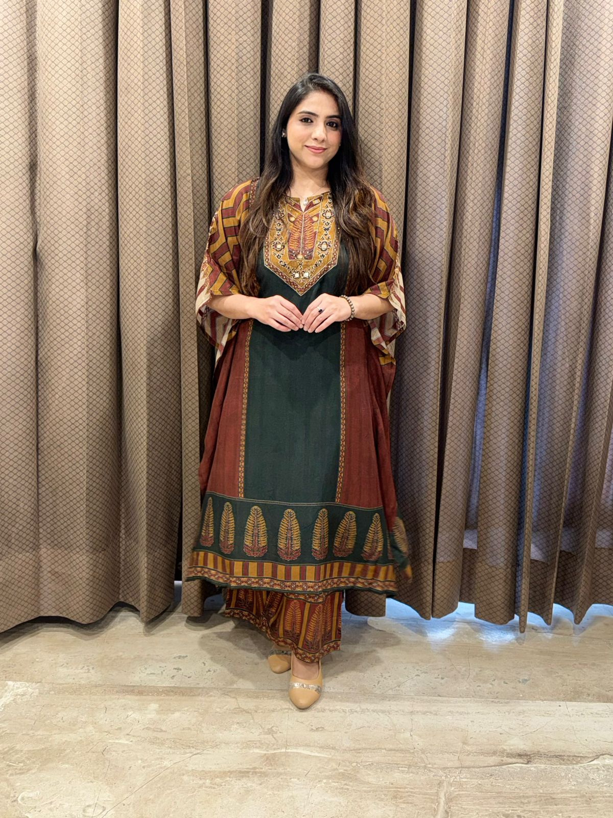 Elegant Green and brown Digital Kaftan set with handwork