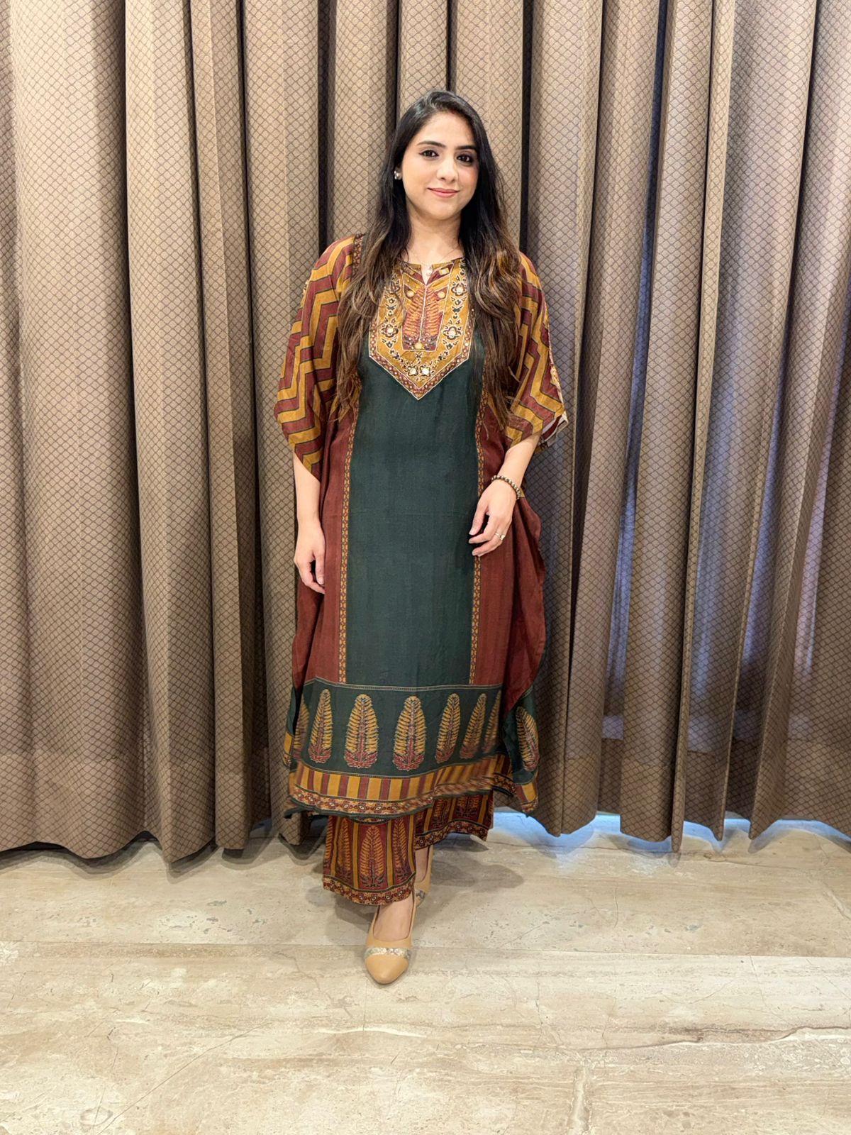 Elegant Green and brown Digital Kaftan set with handwork