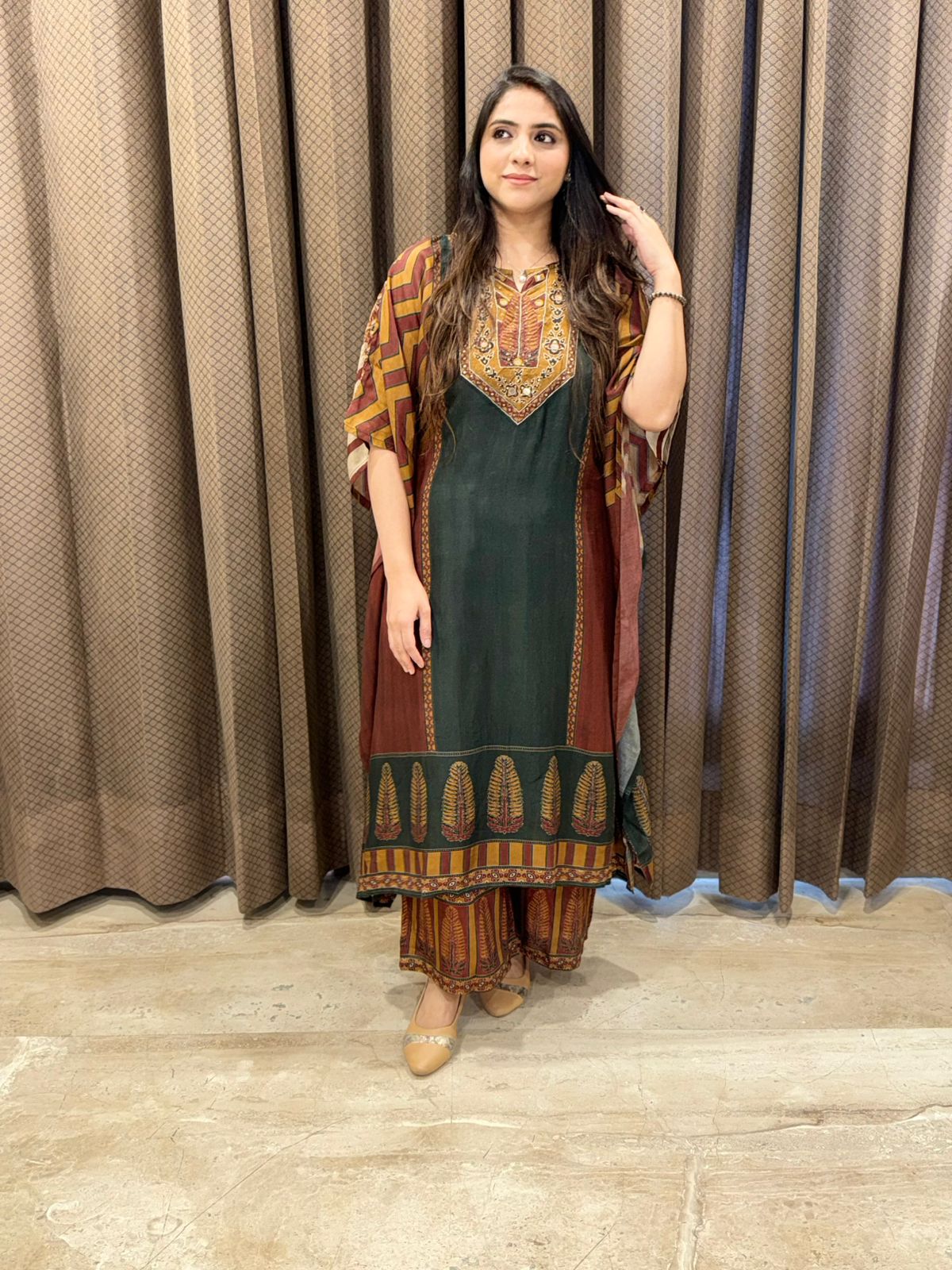 Elegant Green and brown Digital Kaftan set with handwork