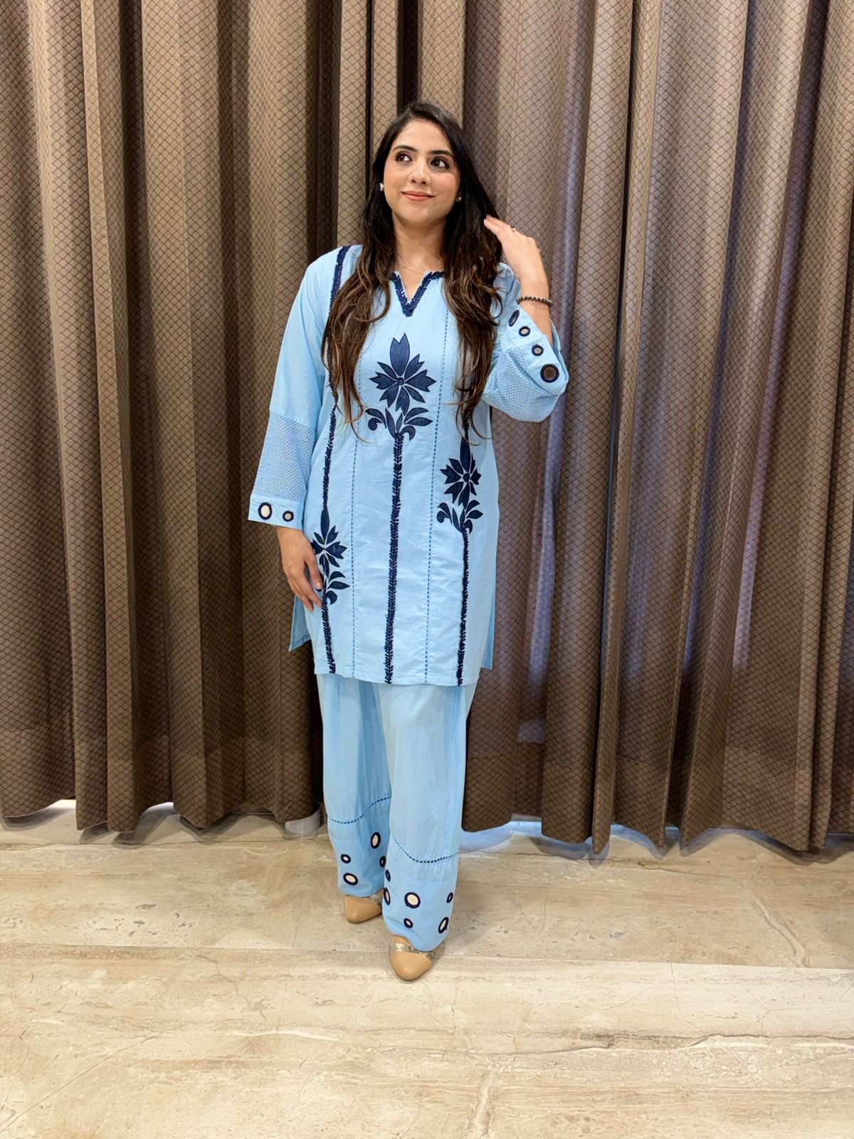Elegant blue Farshi Co-ord set with stylish sleeves & handwork