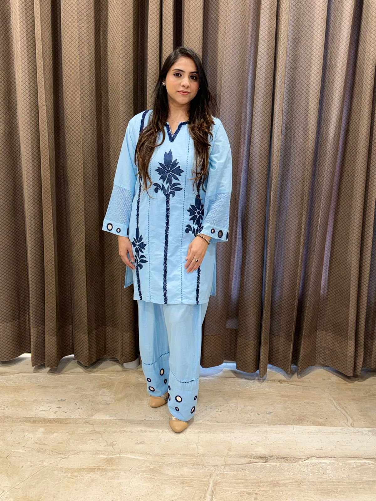 Elegant blue Farshi Co-ord set with stylish sleeves & handwork