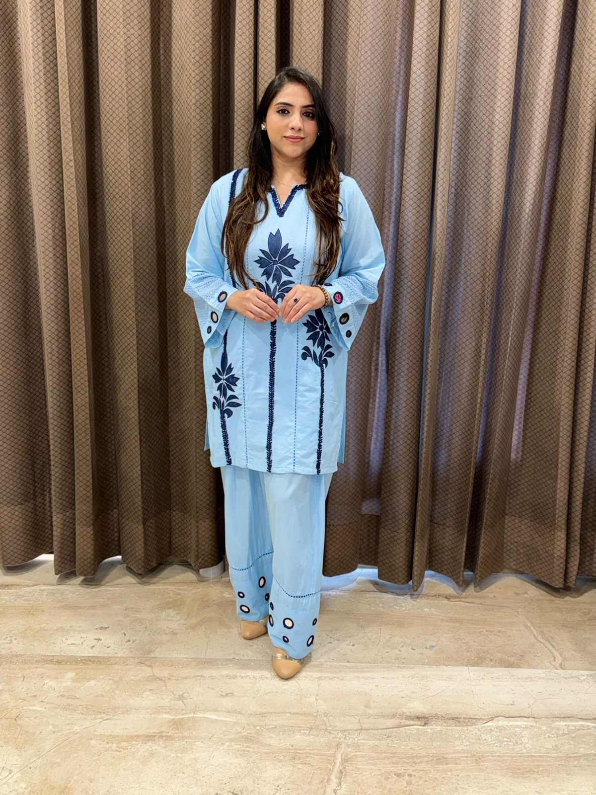 Elegant blue Farshi Co-ord set with stylish sleeves & handwork