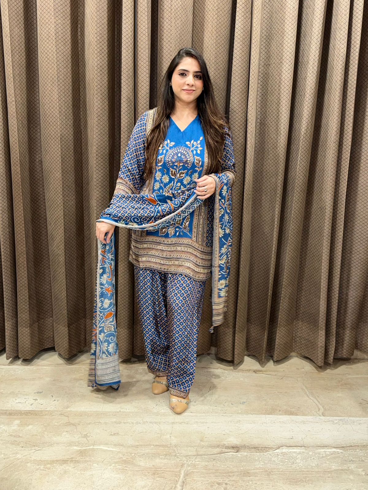 Elegant blue digital farshi set with handwork