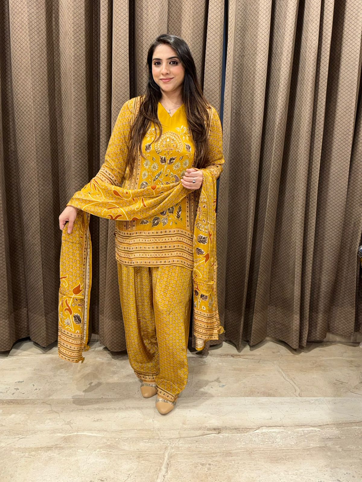 Elegant Yellow digital farshi set with handwork