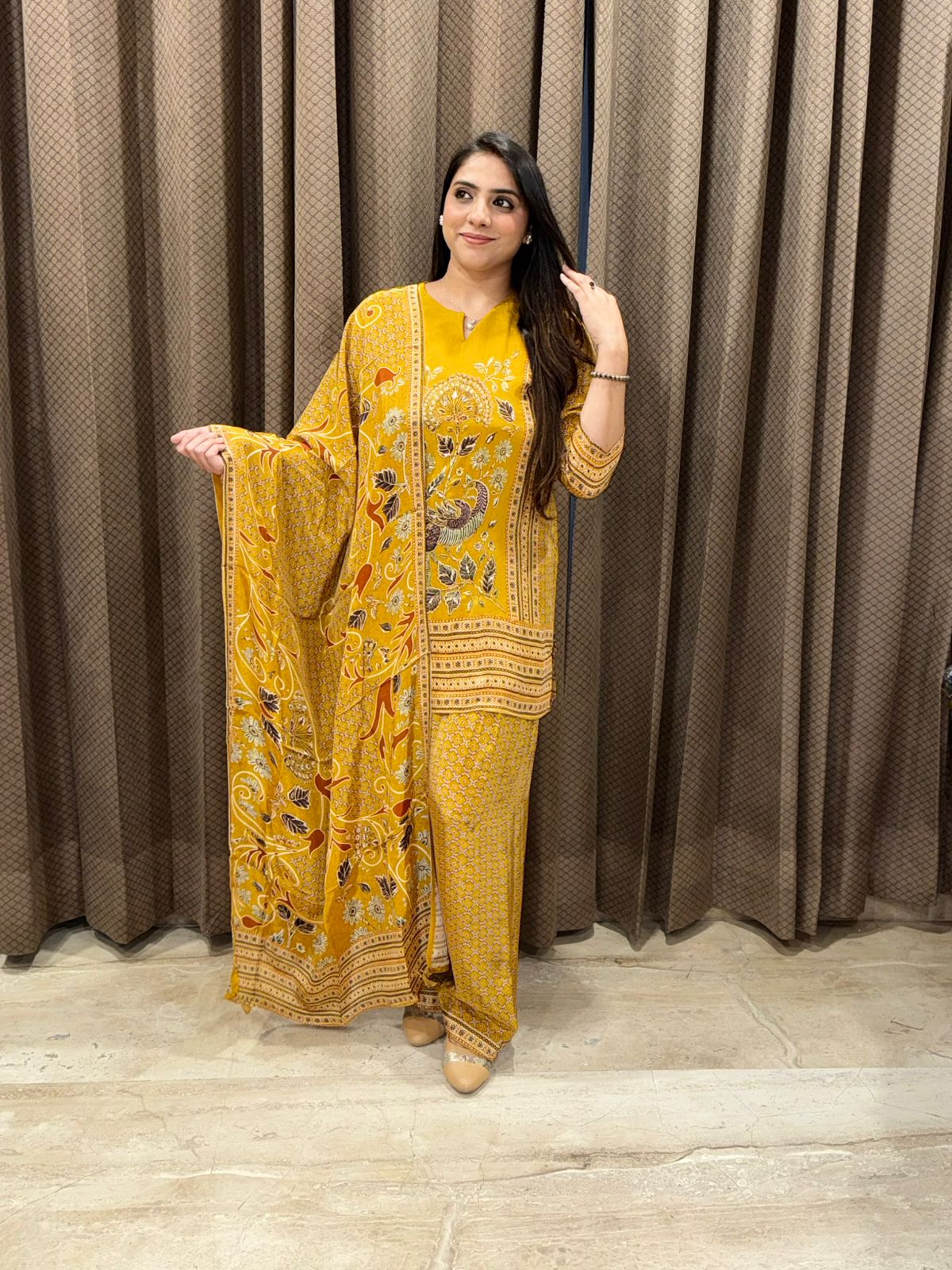 Elegant Yellow digital farshi set with handwork