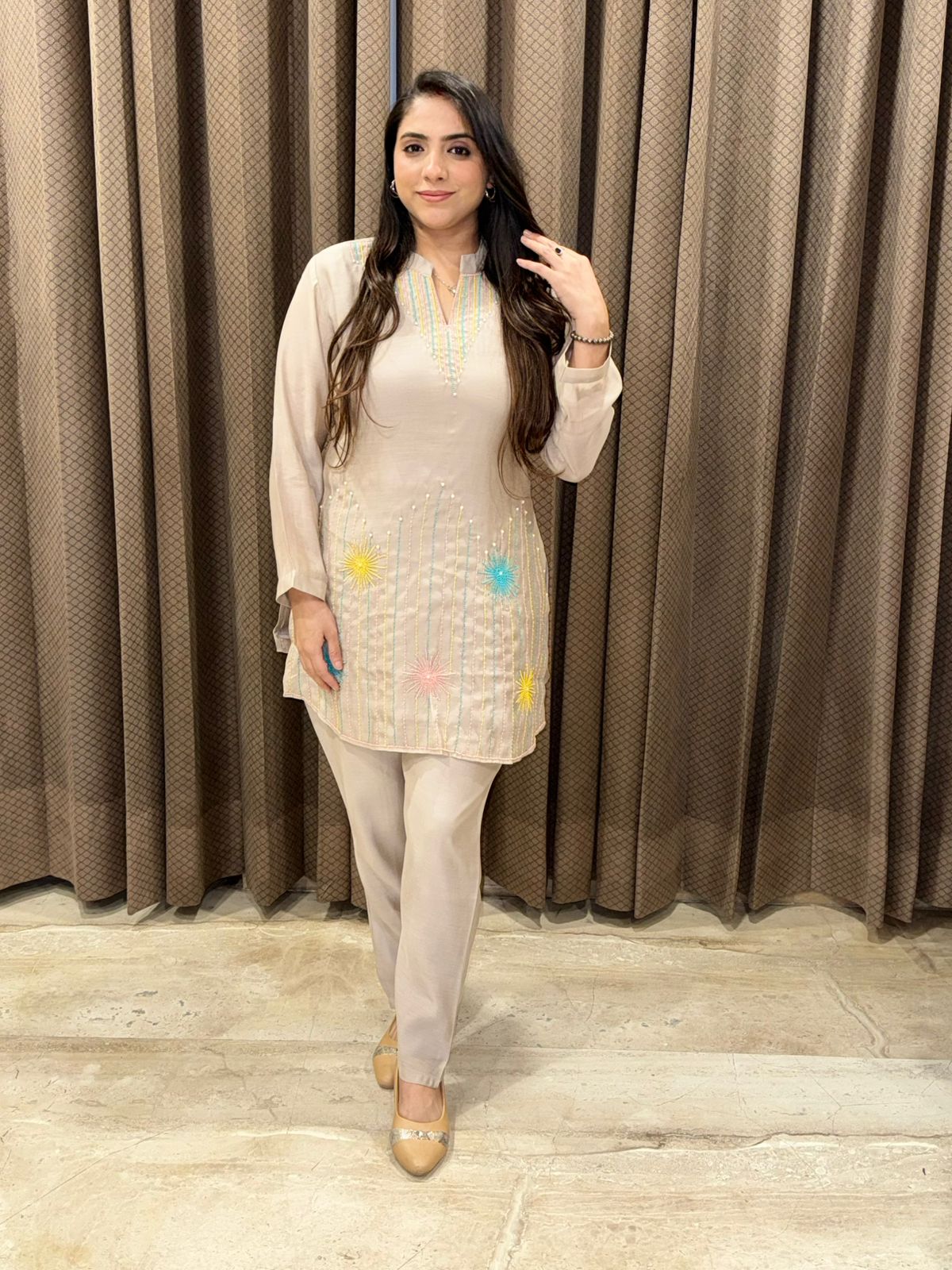 Gorgeous Champagne Co-ord set with moti handwork
