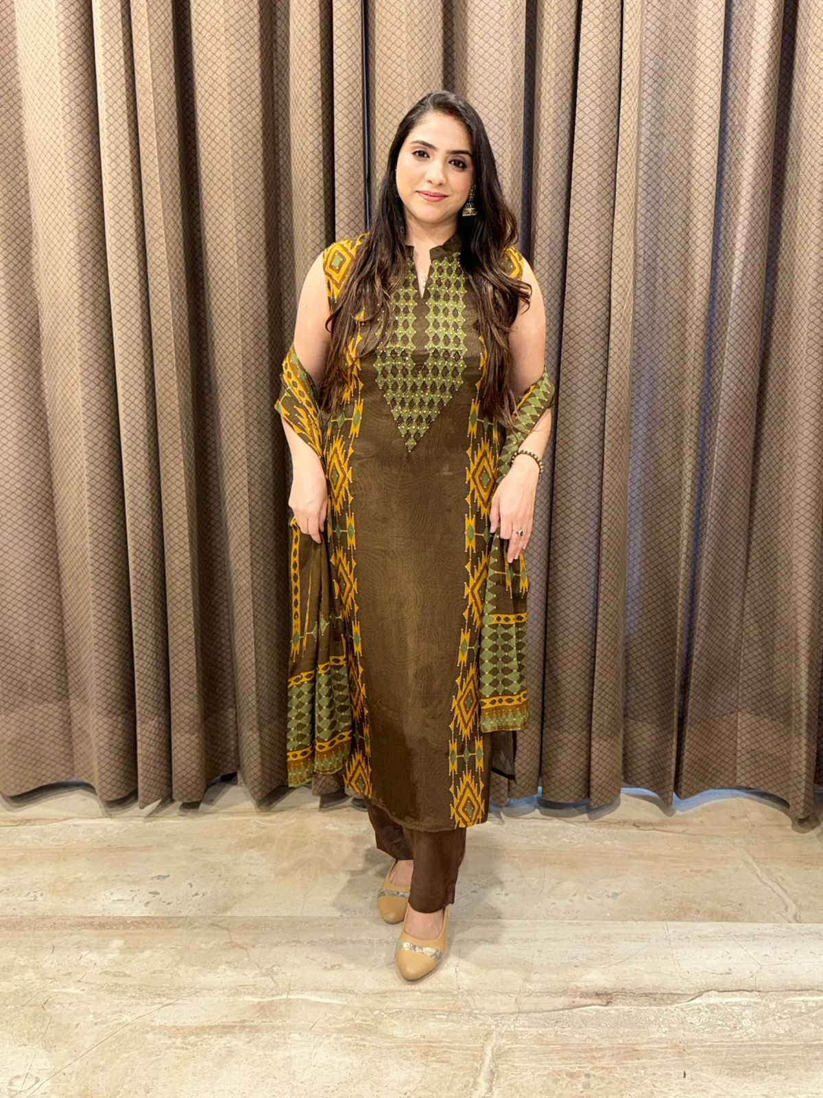 Elegant brown Digital Straight suit with dupatta & handwork