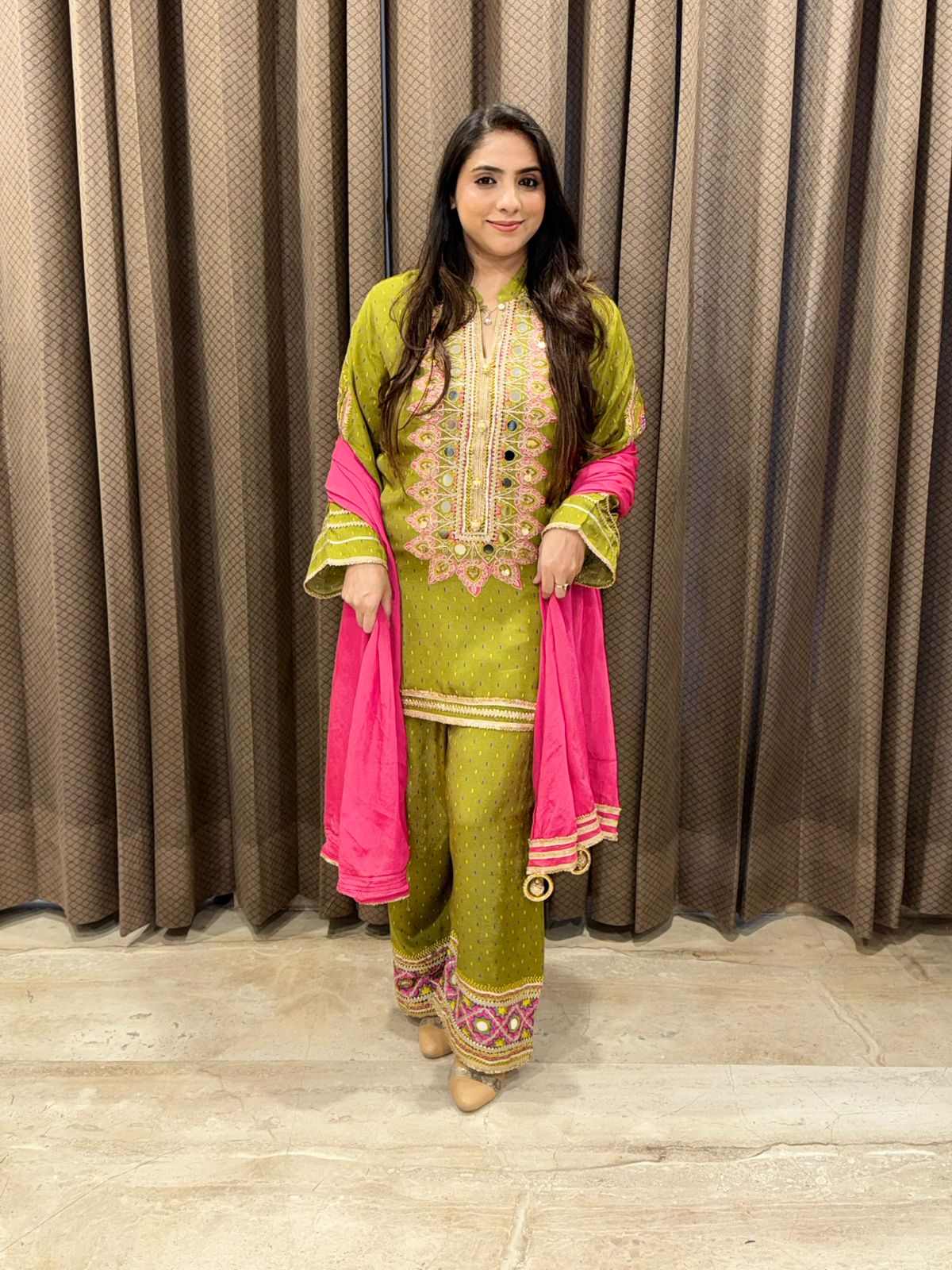 Designer Green with pink contrast suit set with handwork & Potli