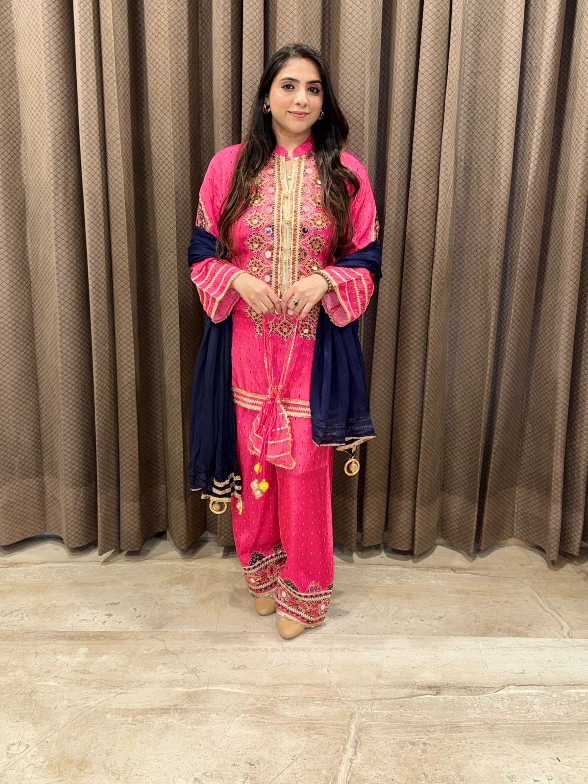 Designer Pink with blue contrast suit set with handwork & Potli