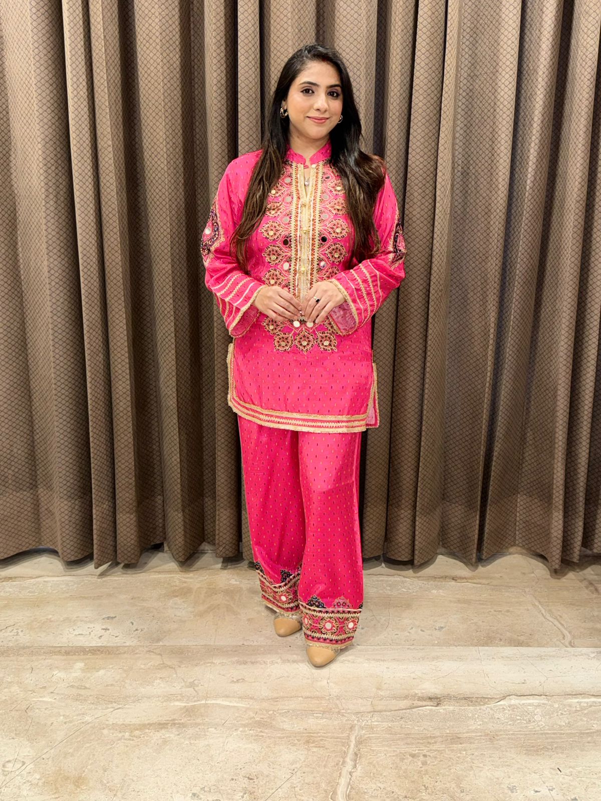 Designer Pink with blue contrast suit set with handwork & Potli