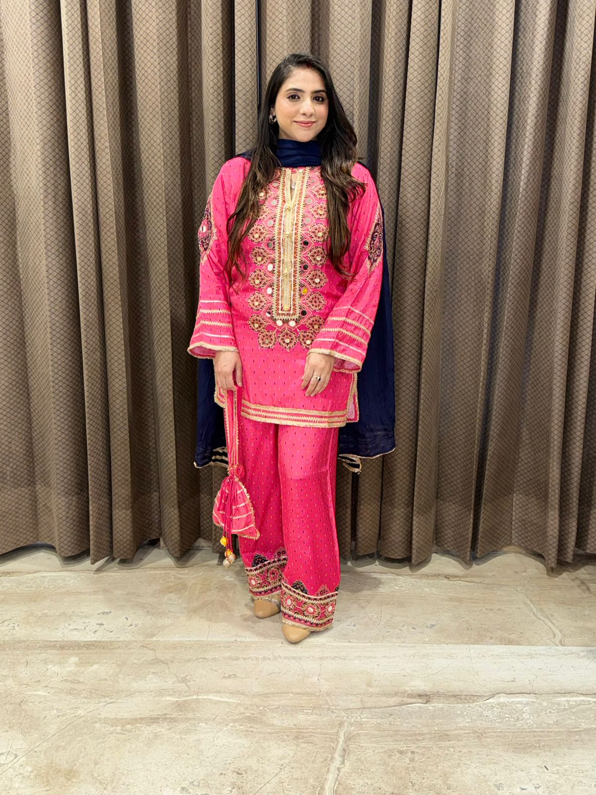 Designer Pink with blue contrast suit set with handwork & Potli