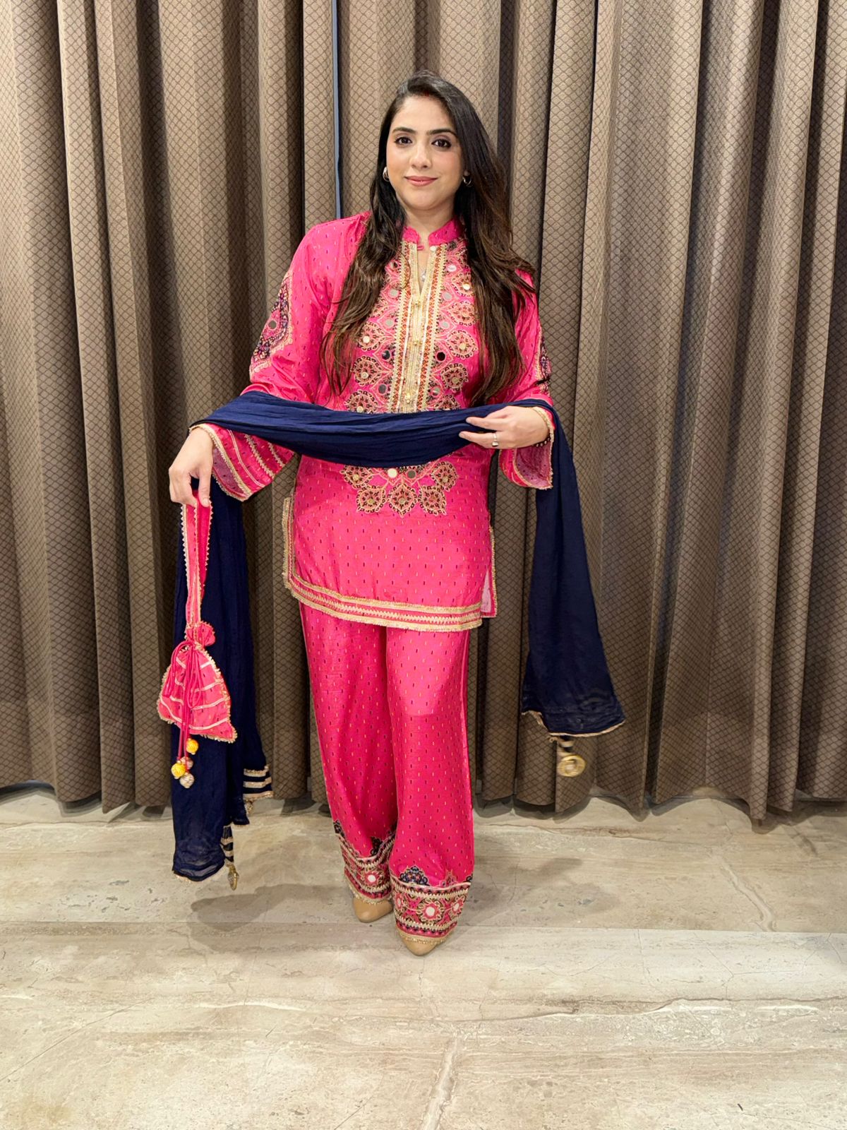 Designer Pink with blue contrast suit set with handwork & Potli