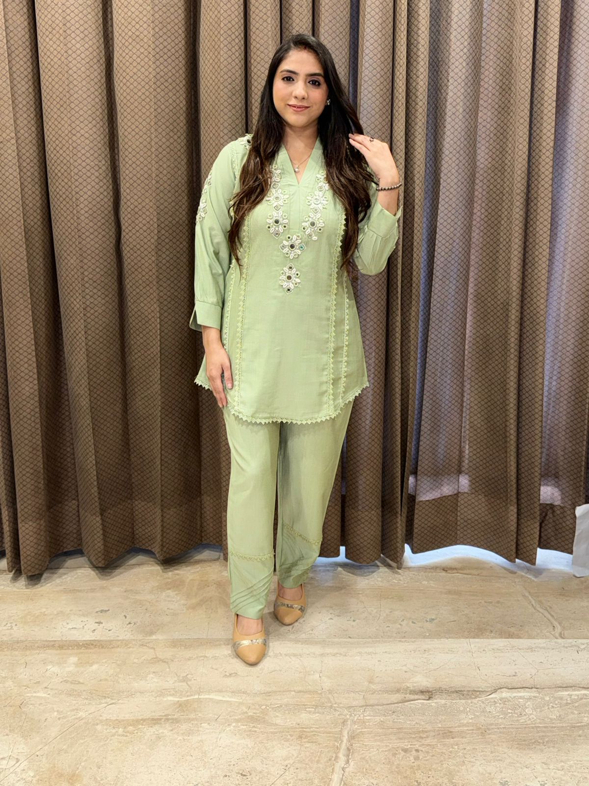 Designer Green Co-ord set with shells & mirror handwork
