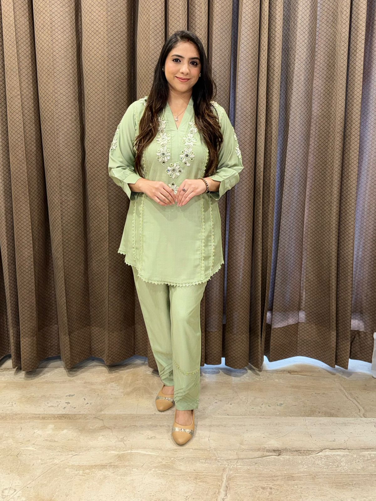 Designer Green Co-ord set with shells & mirror handwork