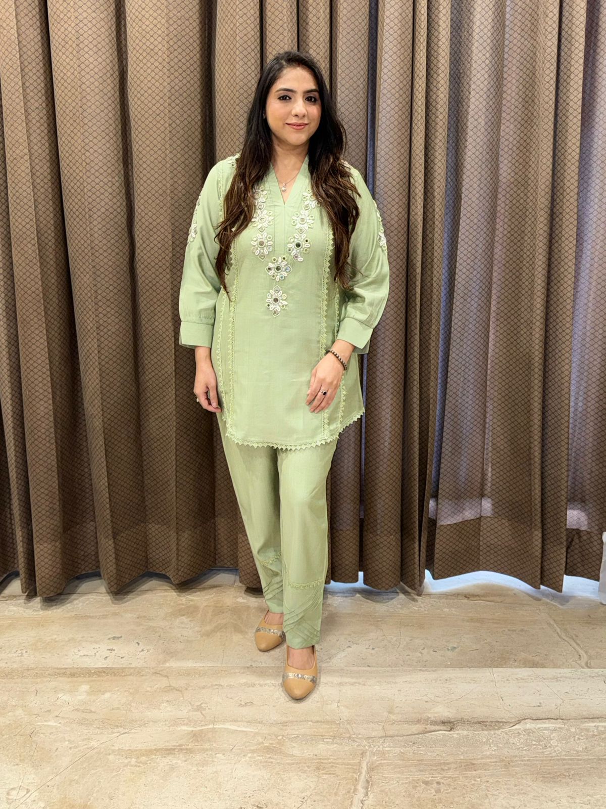 Designer Green Co-ord set with shells & mirror handwork