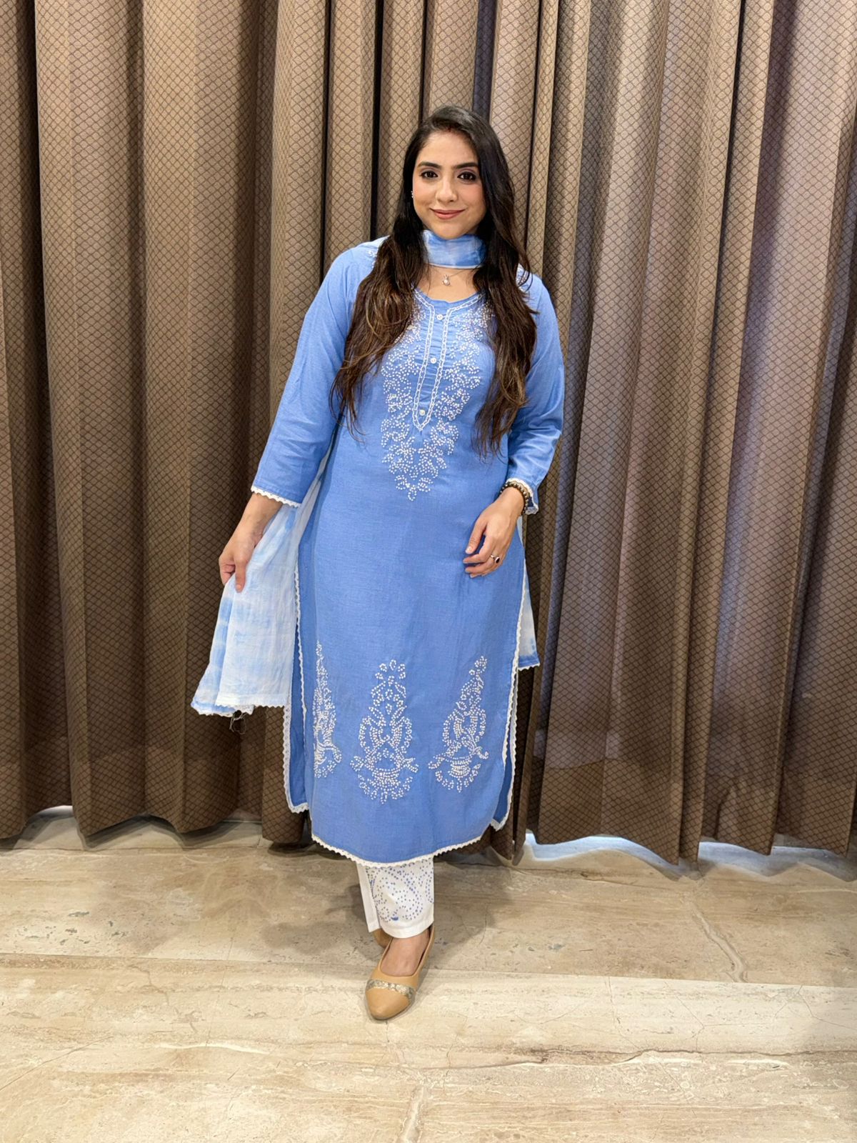Elegant Blue Straight suit set with kantha work