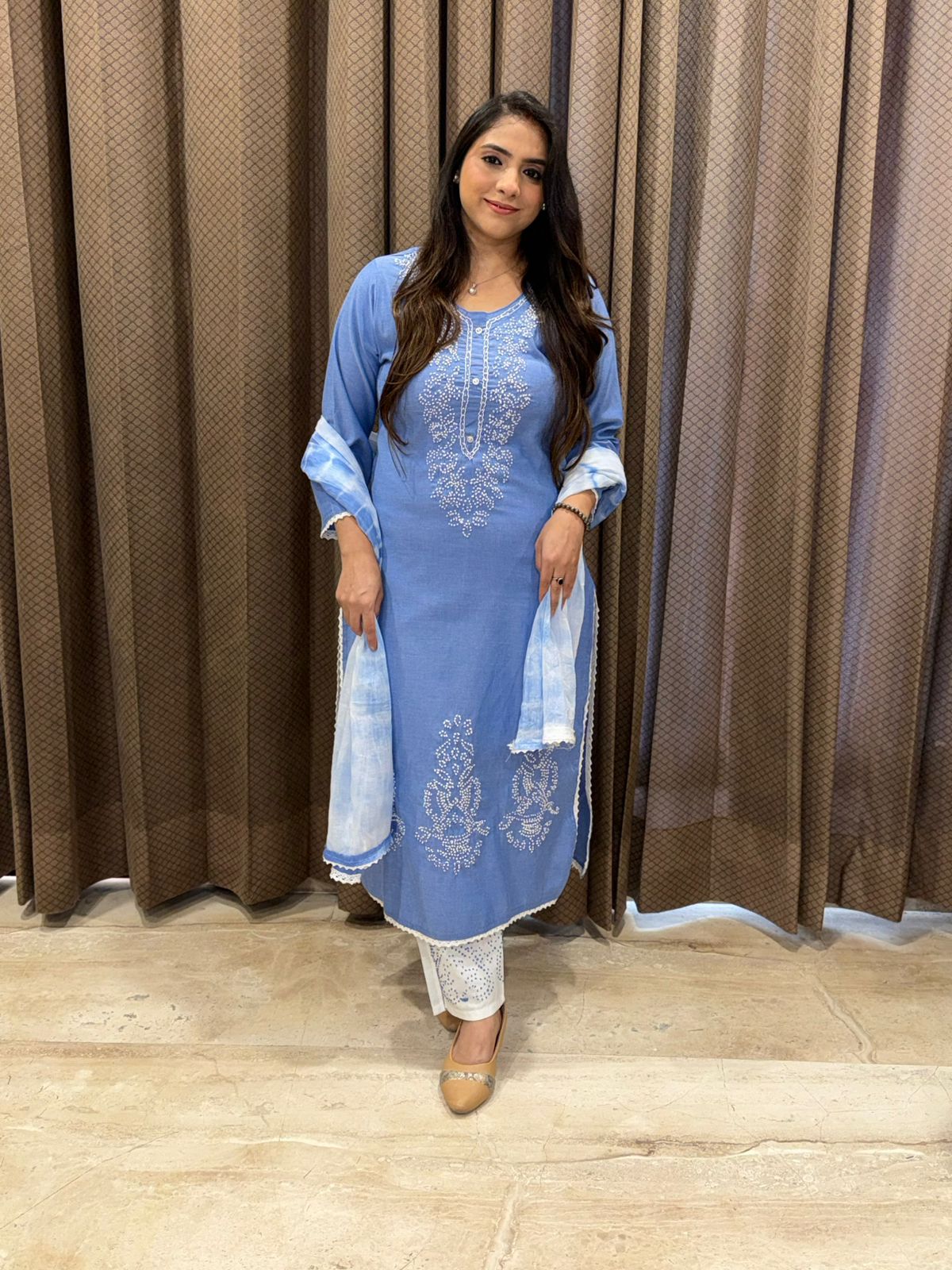 Elegant Blue Straight suit set with kantha work