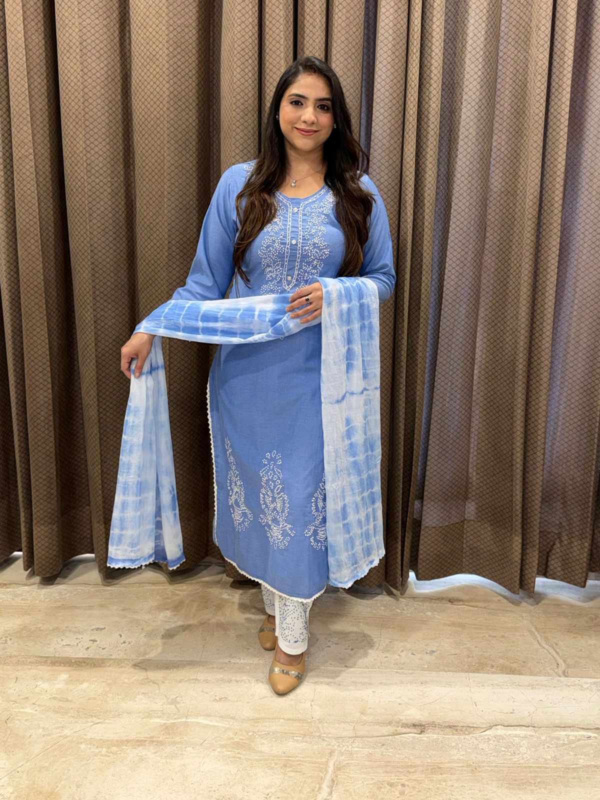 Elegant Blue Straight suit set with kantha work