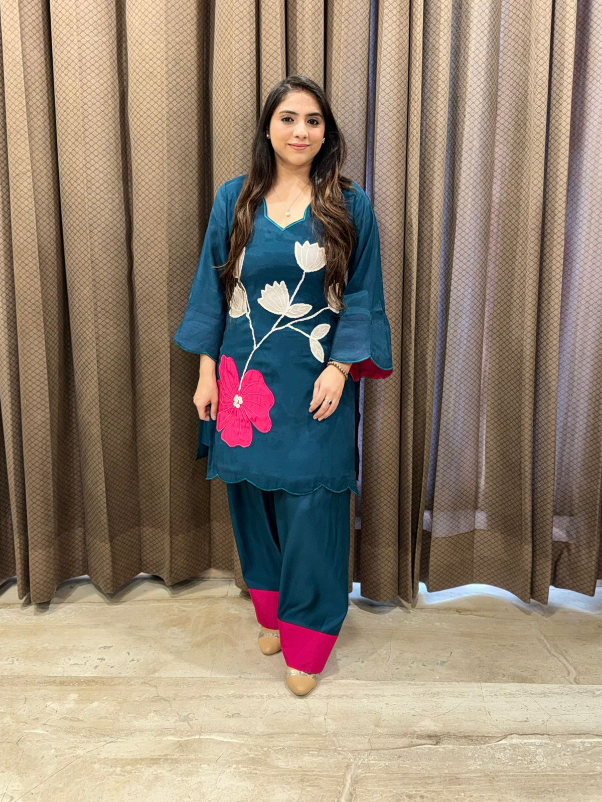 Designer Blue Farshi Set with flower applique work
