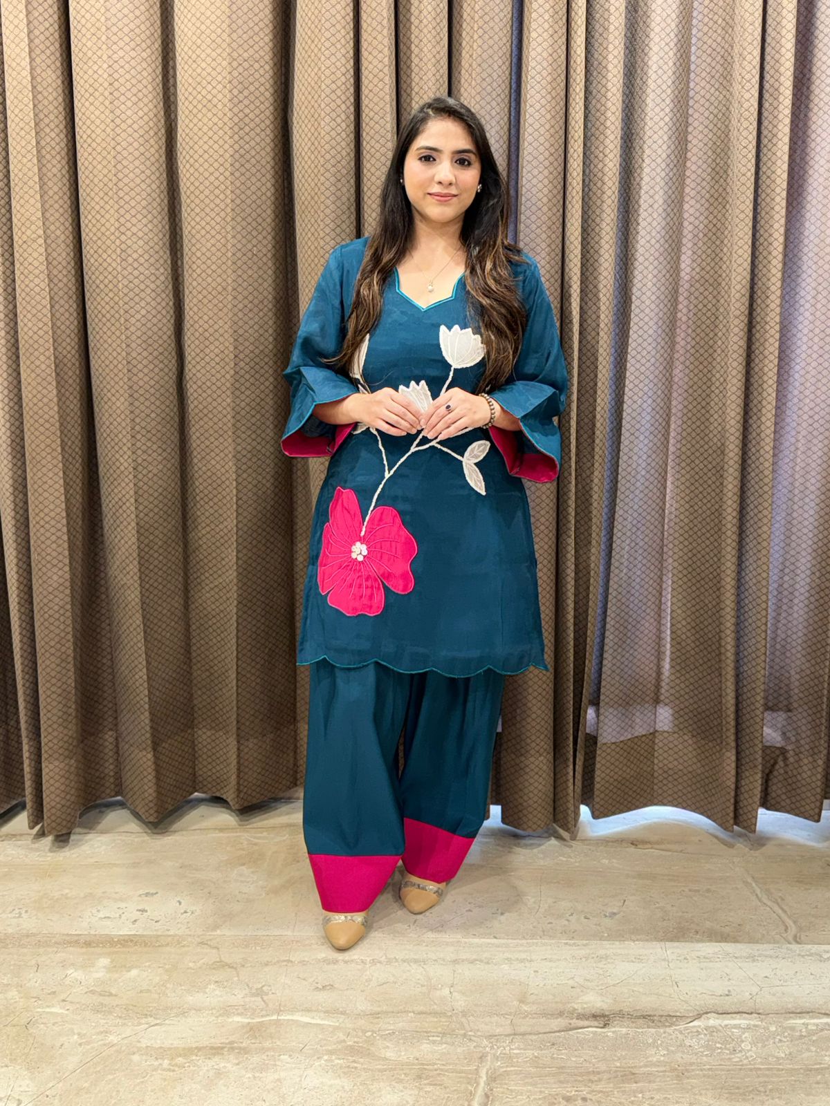 Designer Blue Farshi Set with flower applique work